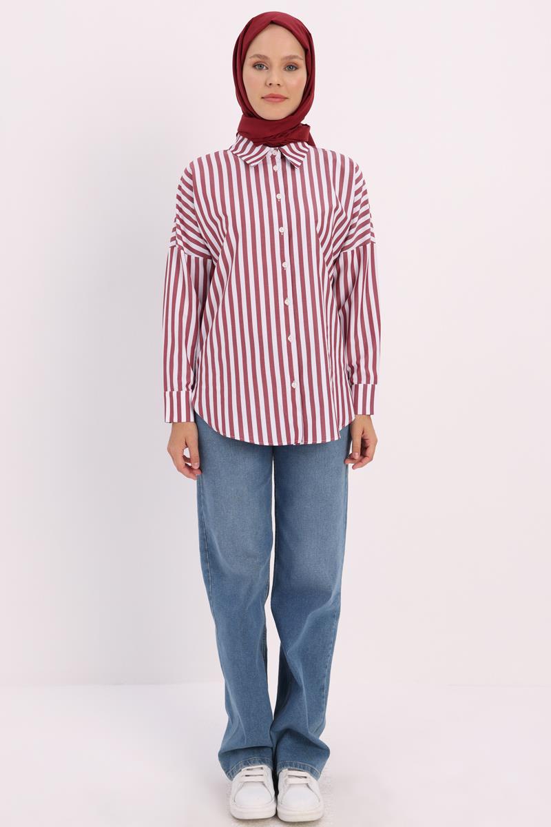 Bordo-Beyaz-Oversize Basic Gömlek