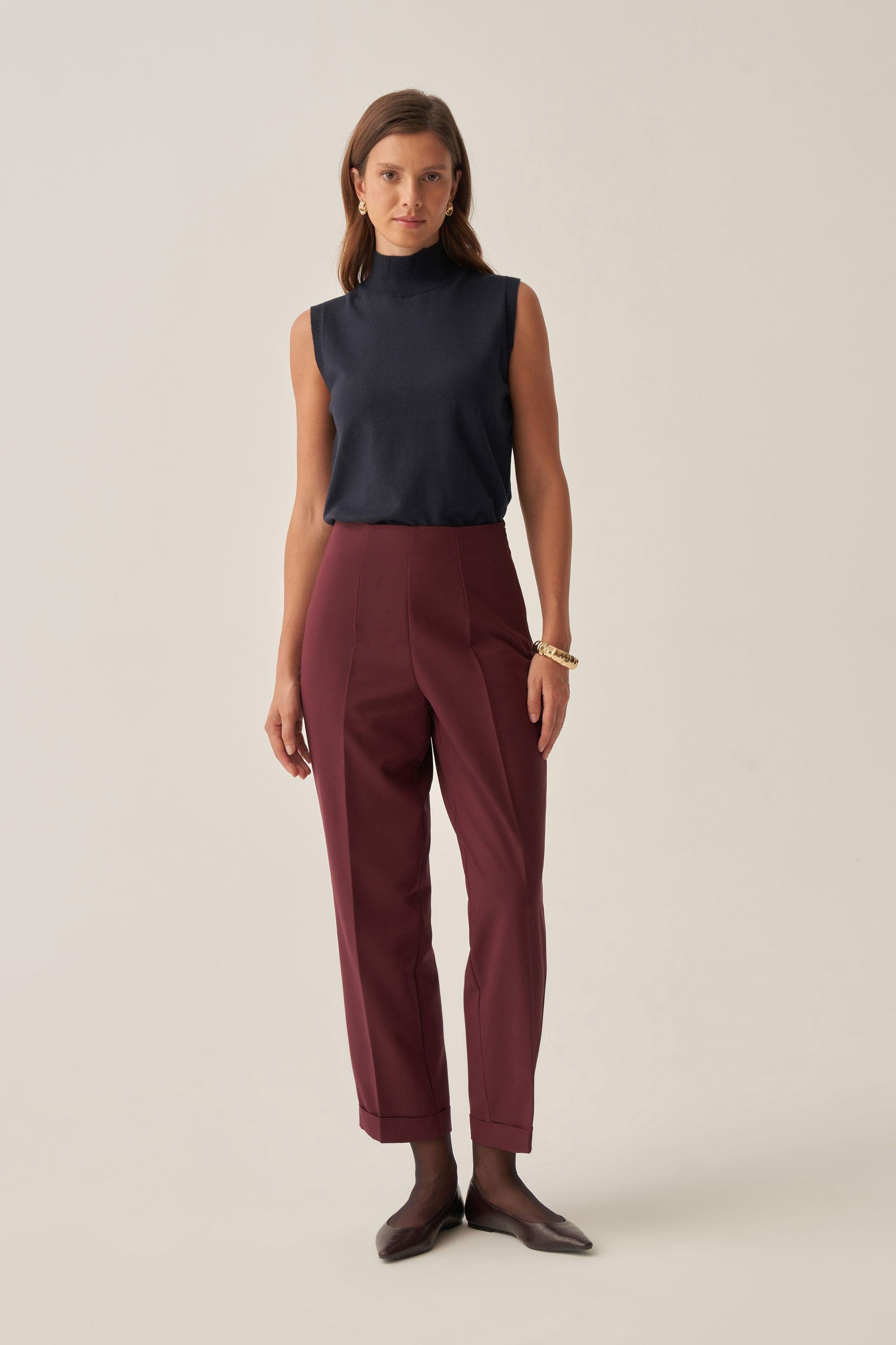 Bordo-Bilek Boy Double Paça İnterlok Pantolon