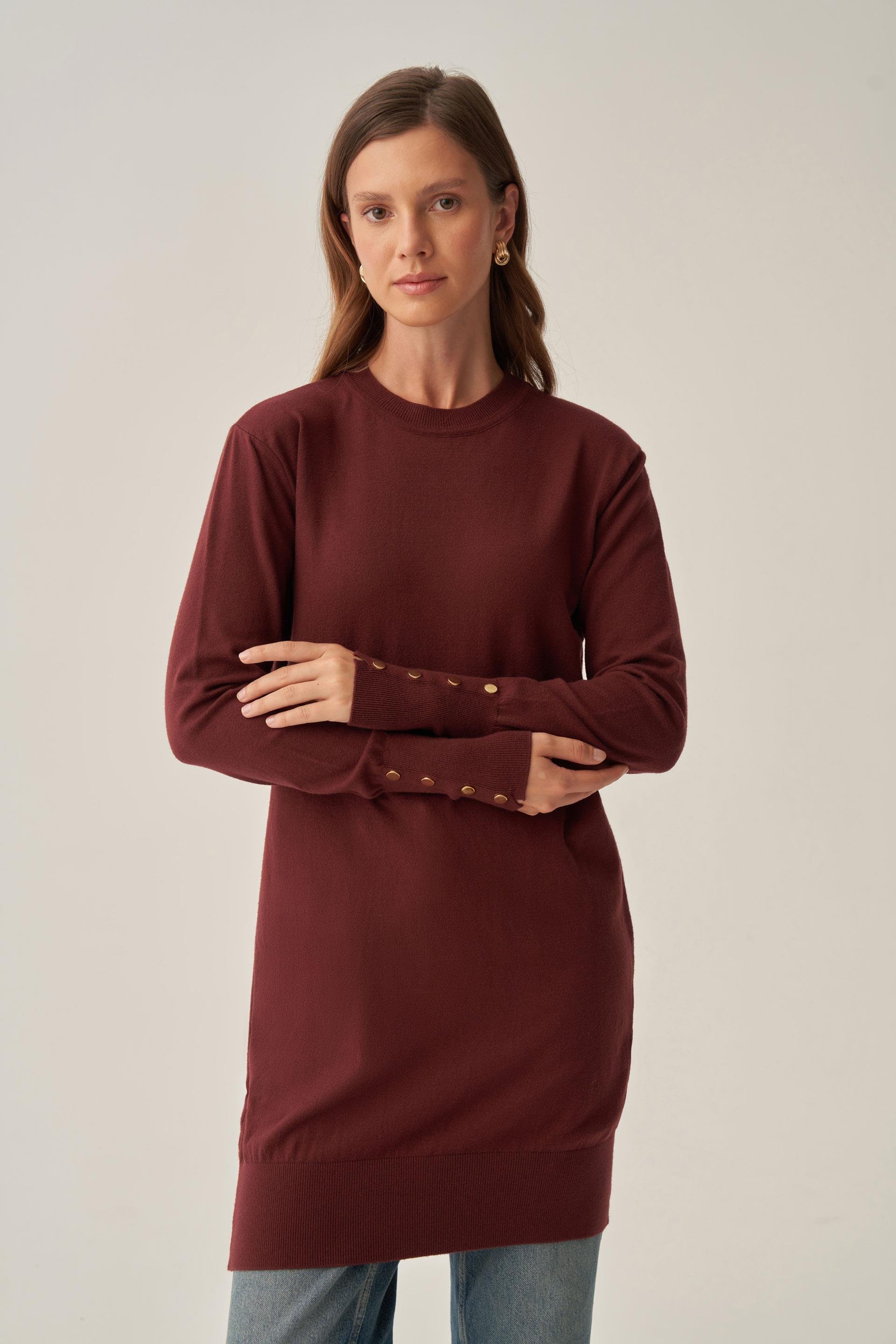 Bordo-Bilekte Dügme Detaylı Kazak