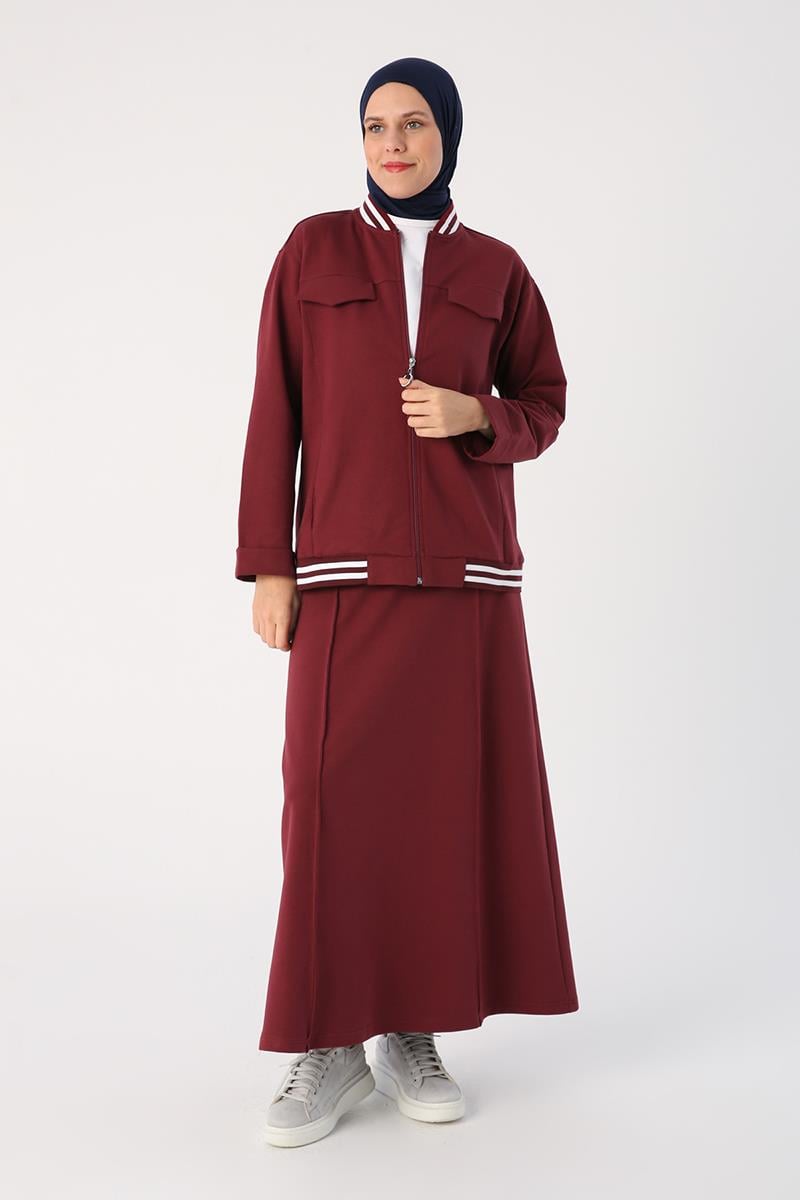 Bordo-Çizgili Ribanaları Etekli Kısa Hırkalı Takım