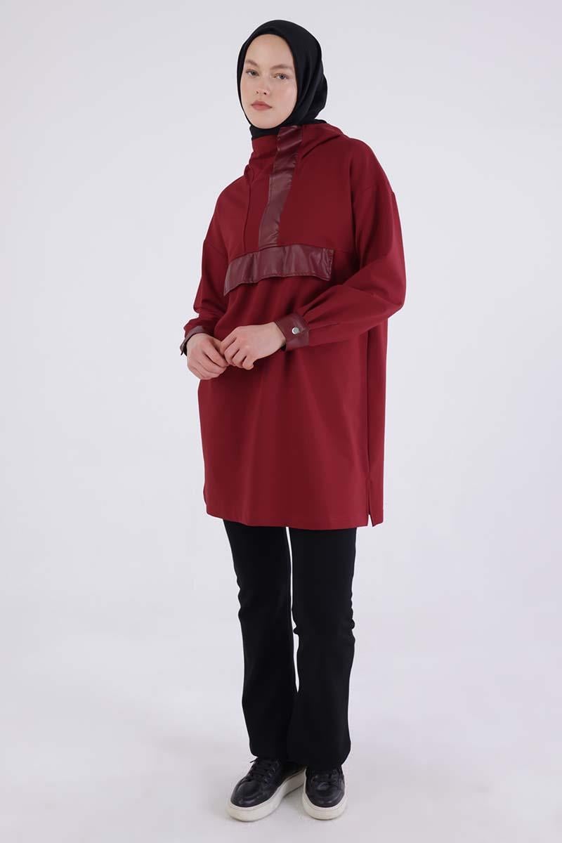 Deri Garnili Kapüşonlu Sweat Tunik