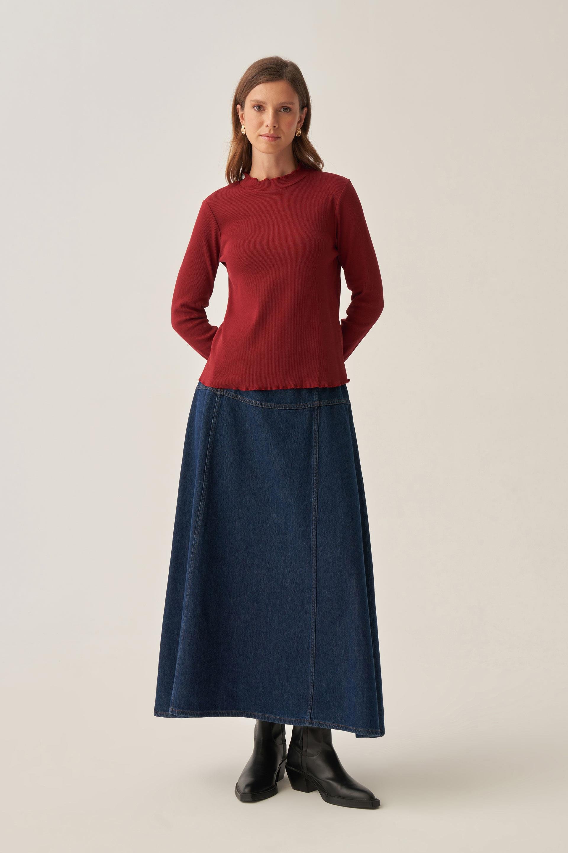 Bordo-Dik Yaka Uzun Kollu Body