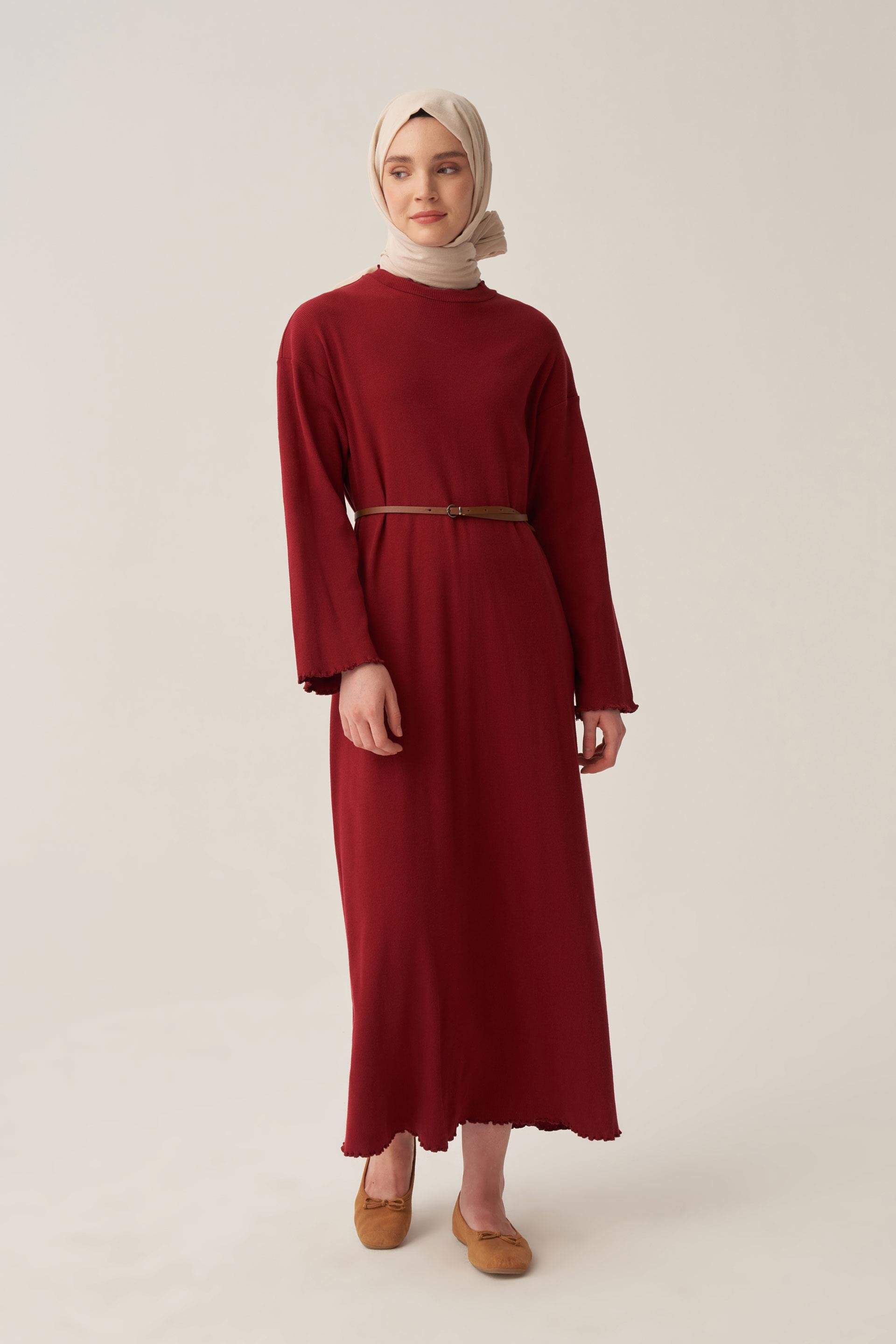 Bordo-Fırfır Detaylı Kaşkorse Elbise