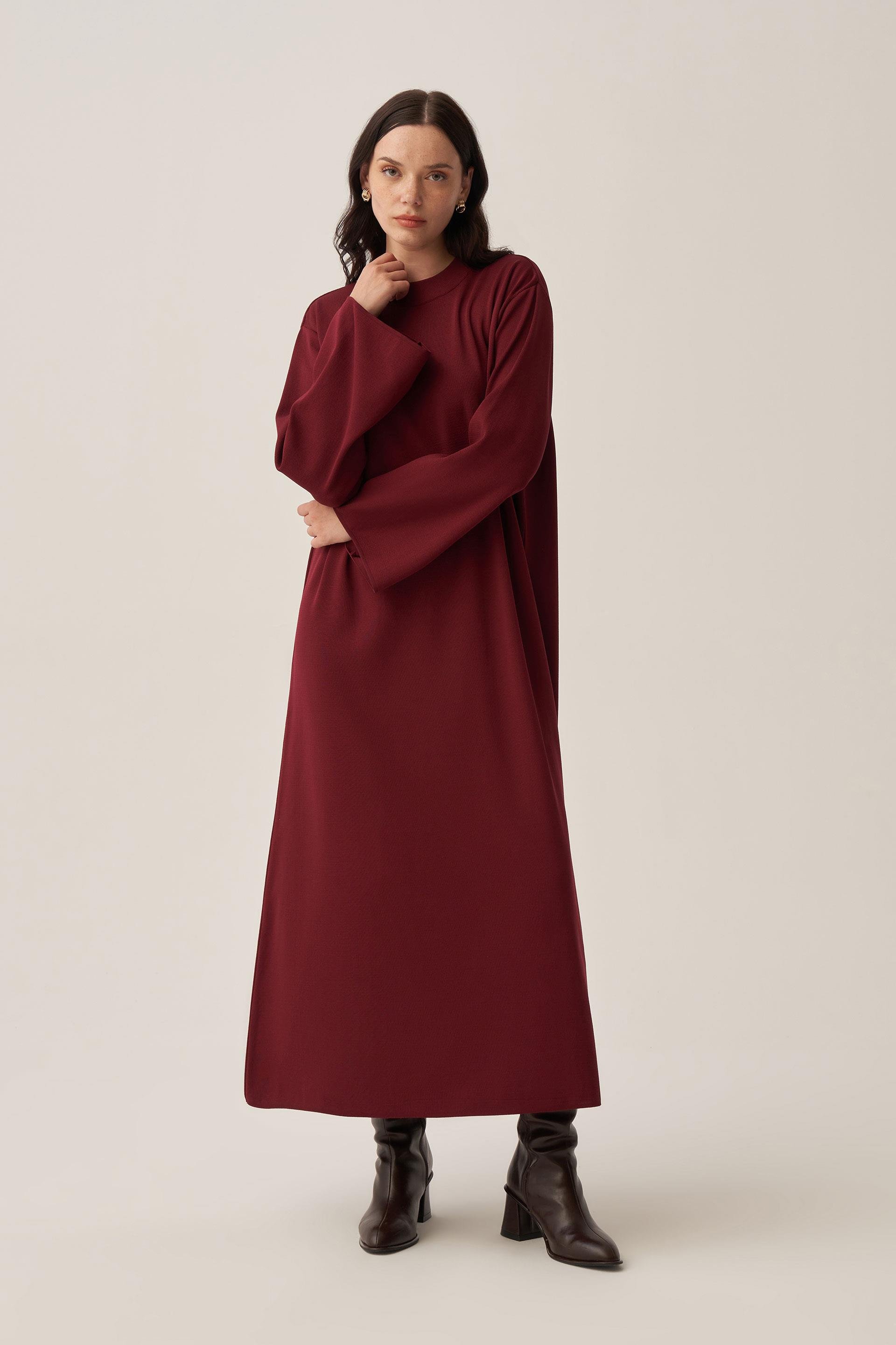 Bordo-Geniş Manşetli Triko Elbise