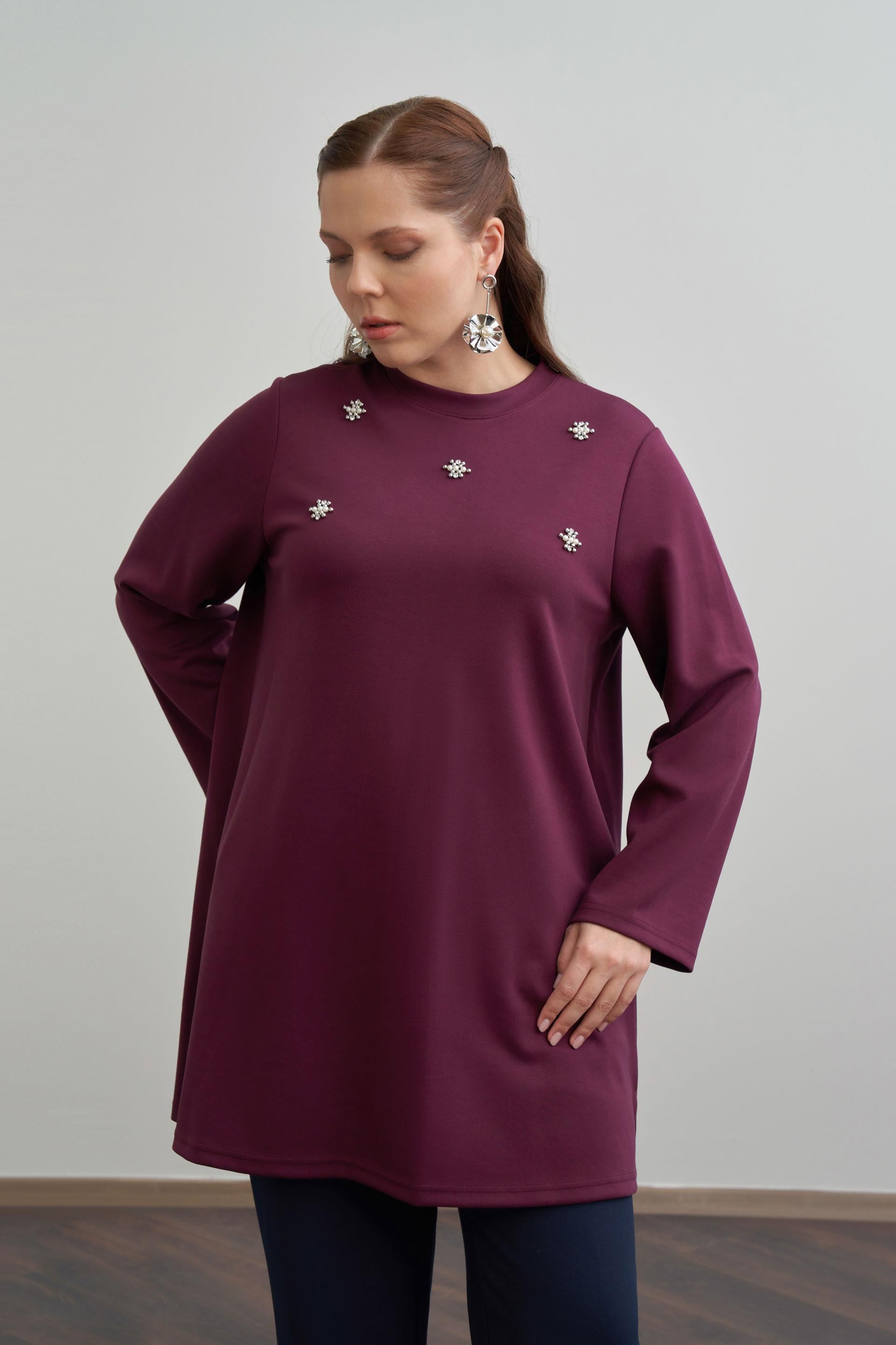 Bordo-İnci İşlemeli Tunik