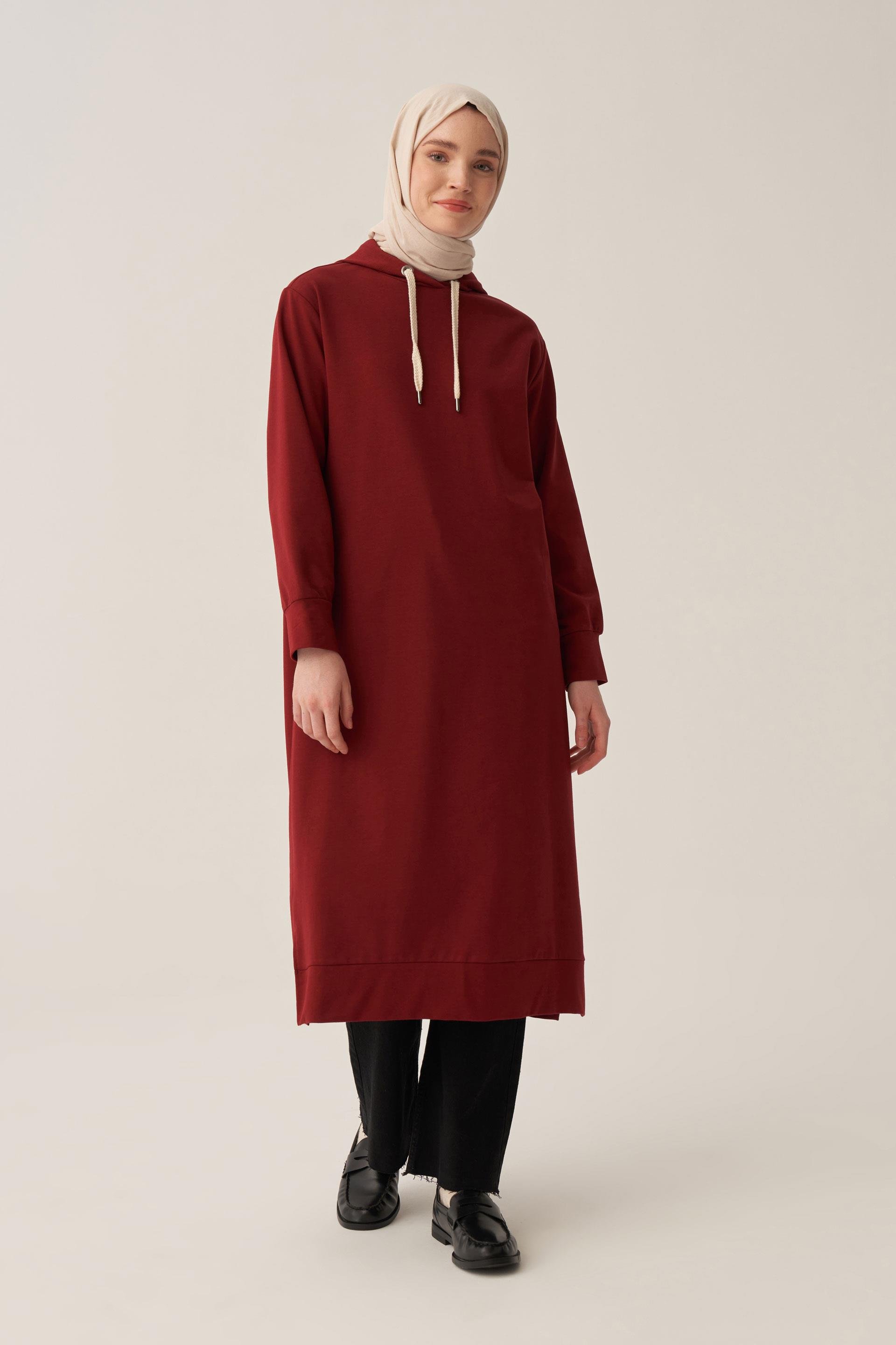 Bordo-Kapüşonlu Rahat Tunik