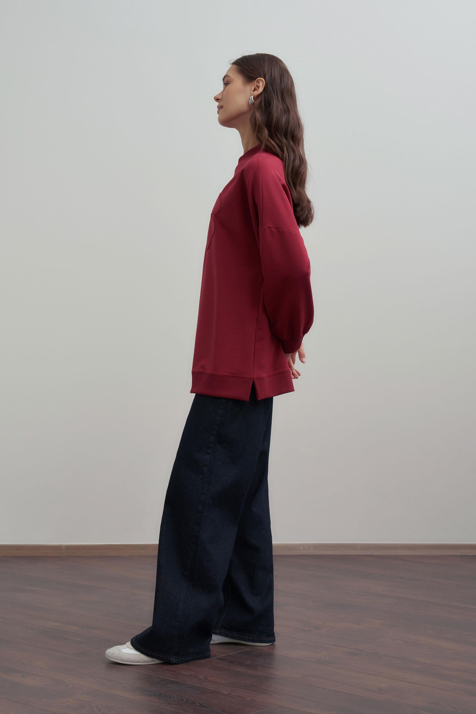 Bordo-Pamuklu Aplikeli Sweatshirt