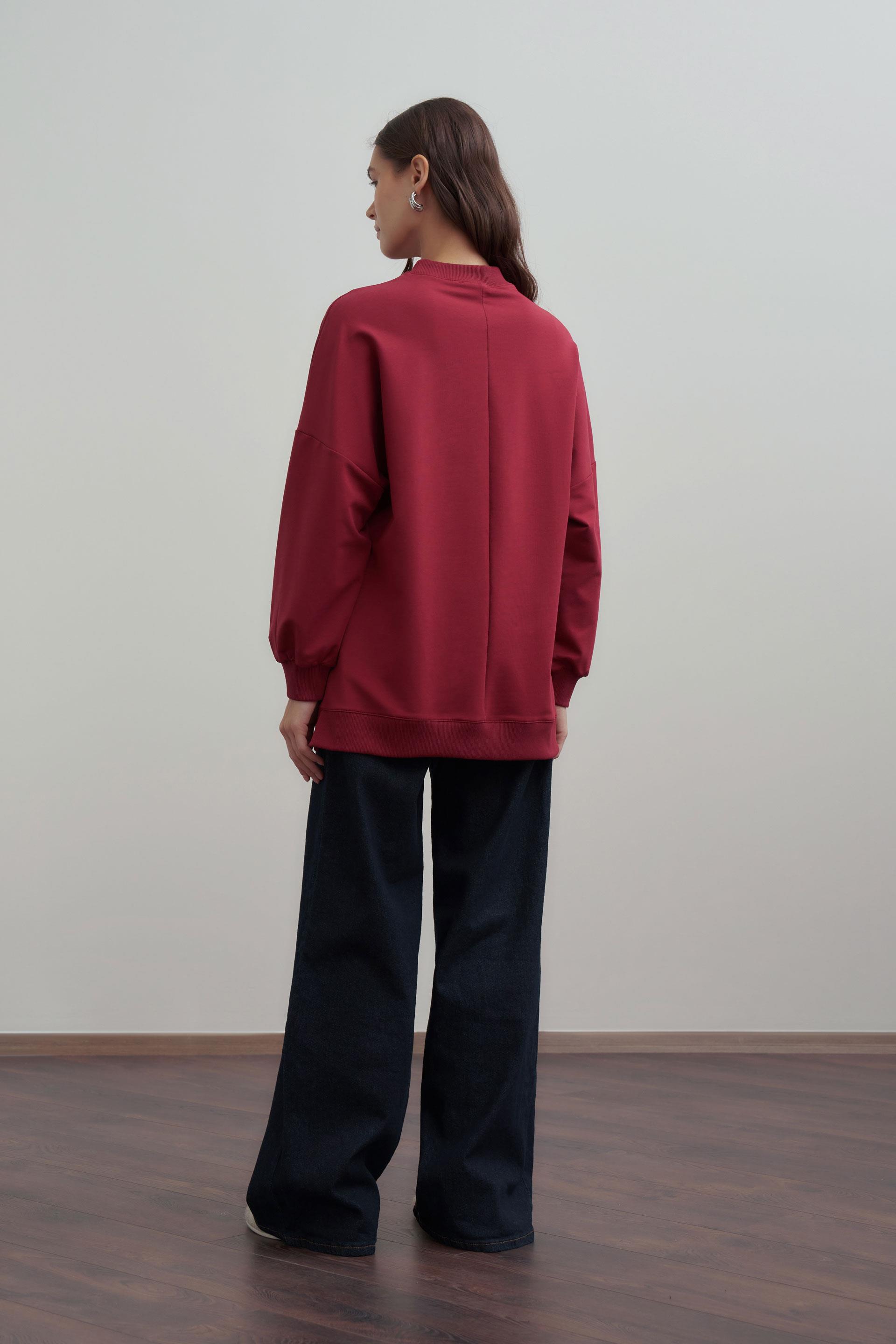 Bordo-Pamuklu Aplikeli Sweatshirt