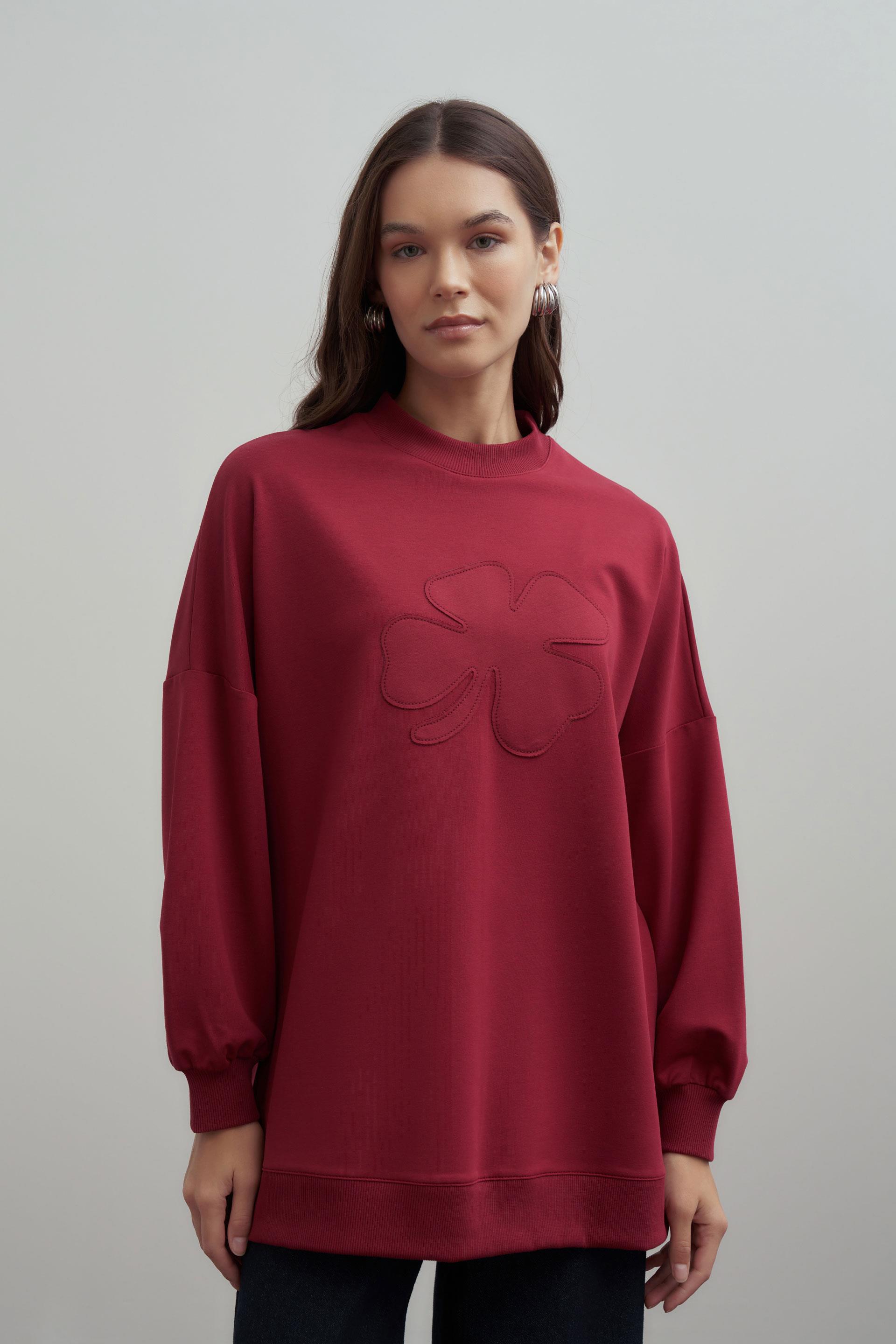 Bordo-Pamuklu Aplikeli Sweatshirt