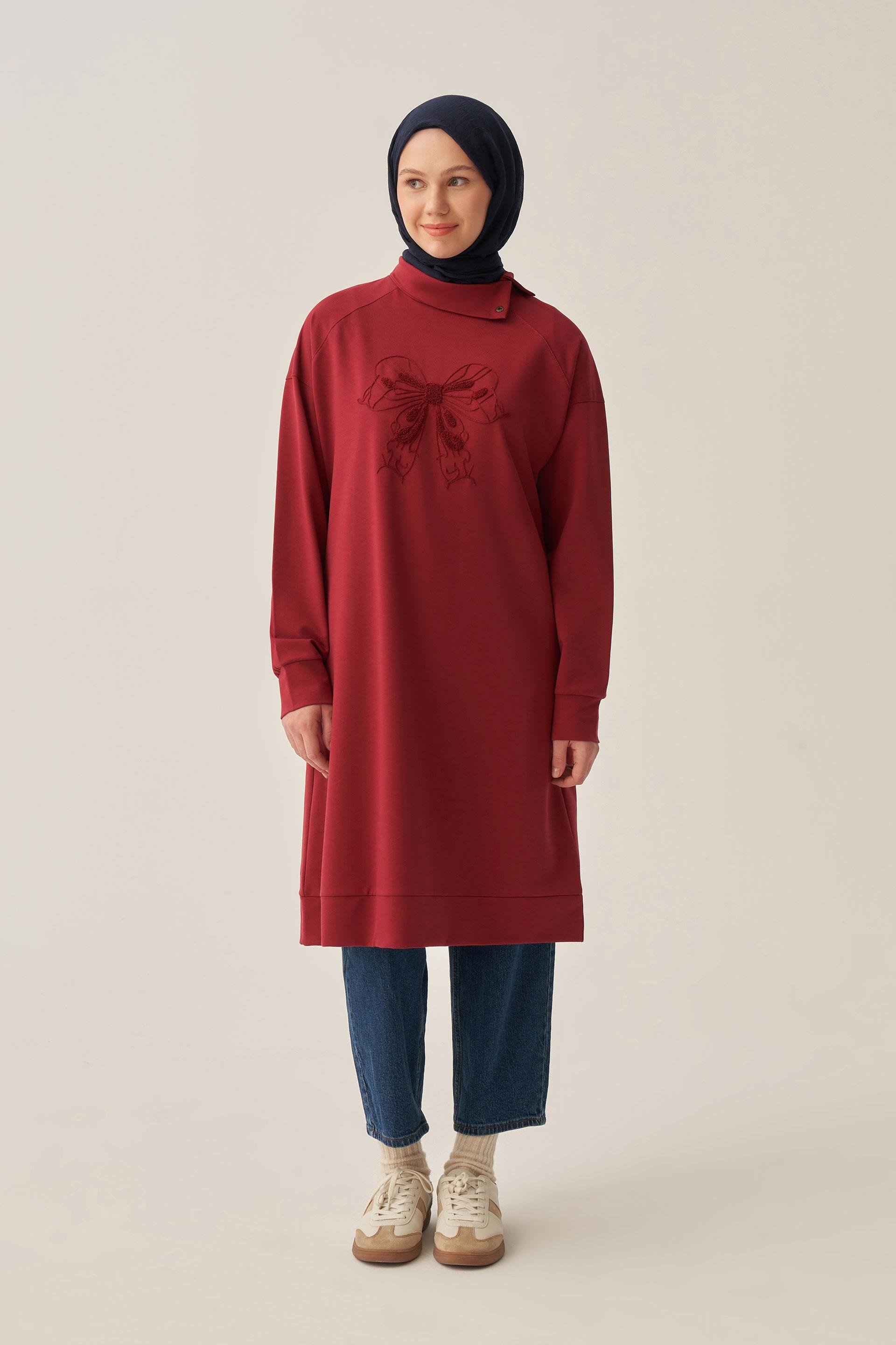 Bordo-Pamuklu Dik Yakalı Tunik