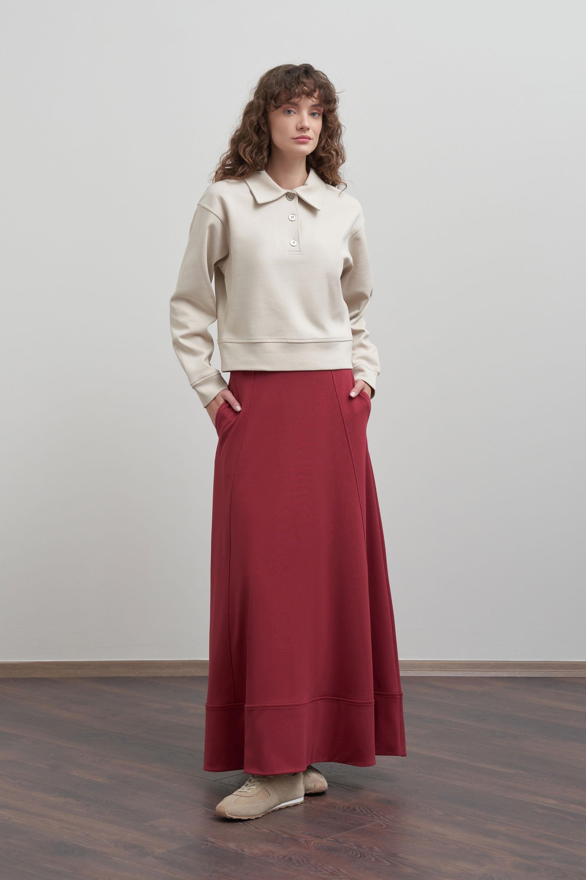 Bordo-Pamuklu Etek Ucu Bantlı Çan Etek