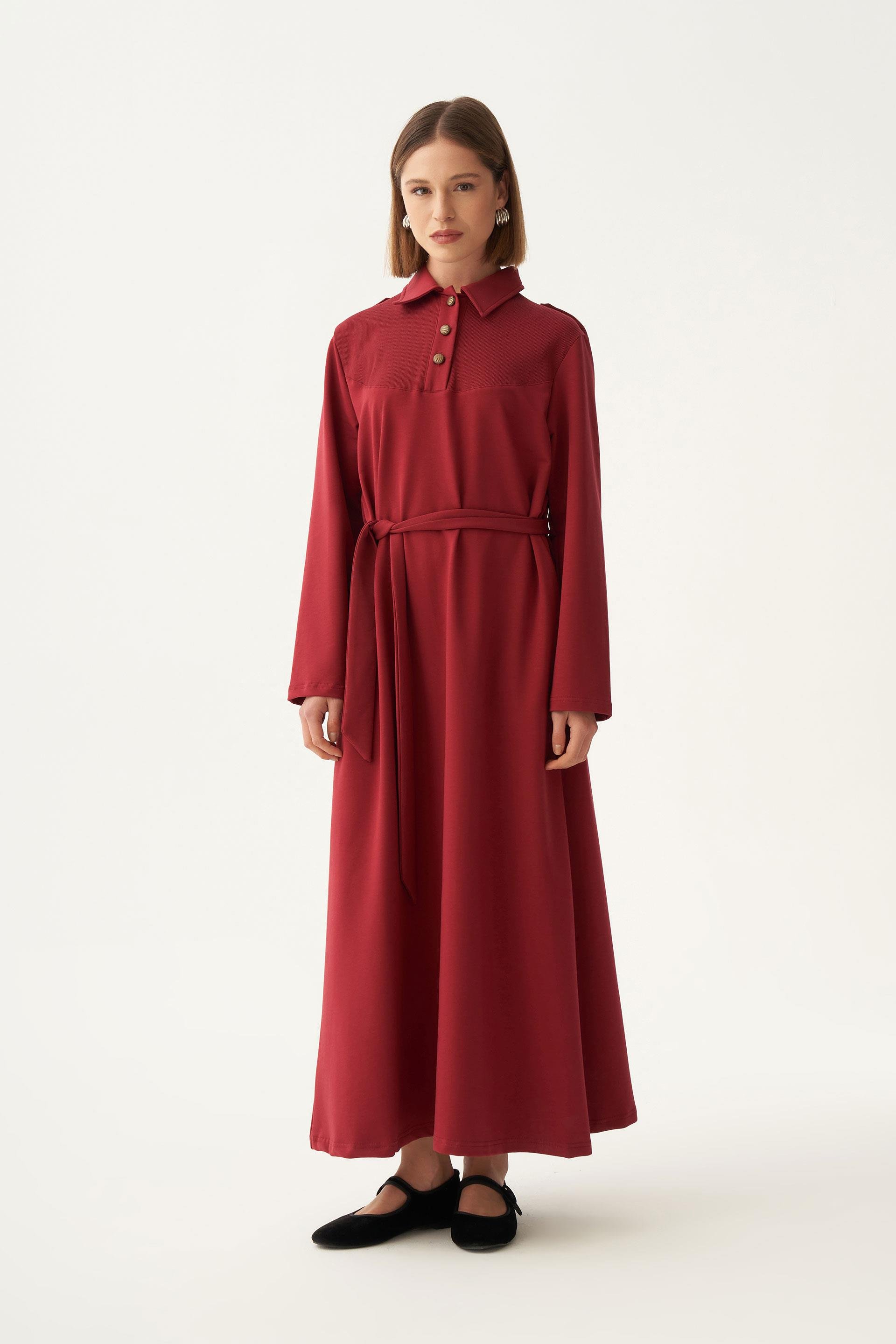 Bordo-Pamuklu Gömlek Yaka Apoletli Elbise