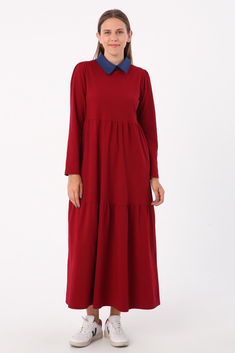 Bordo-Pamuklu Gömlek Yaka Cepli Fırfırlı Örme Elbise