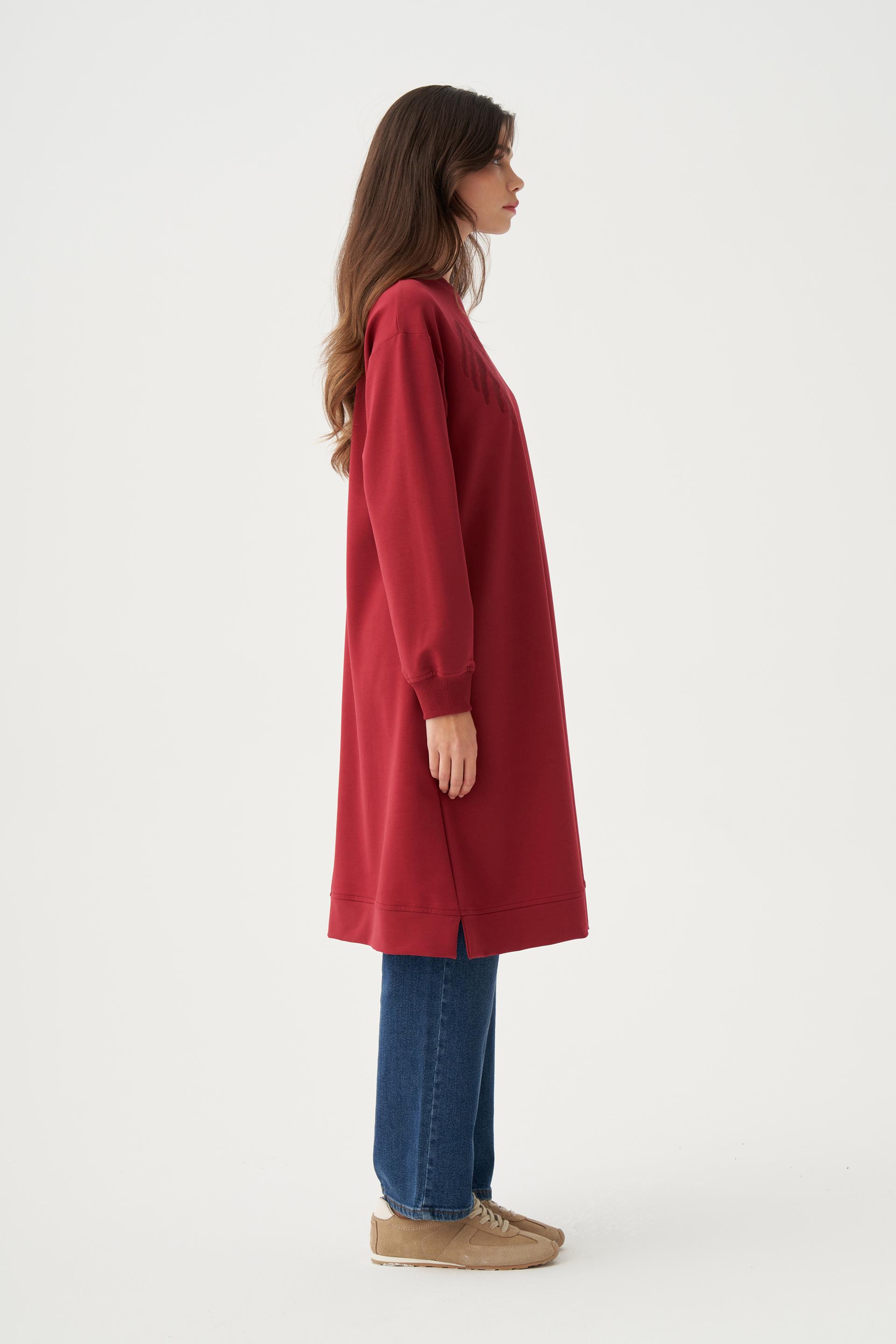 Bordo-Pamuklu Nakışlı Uzun Tunik