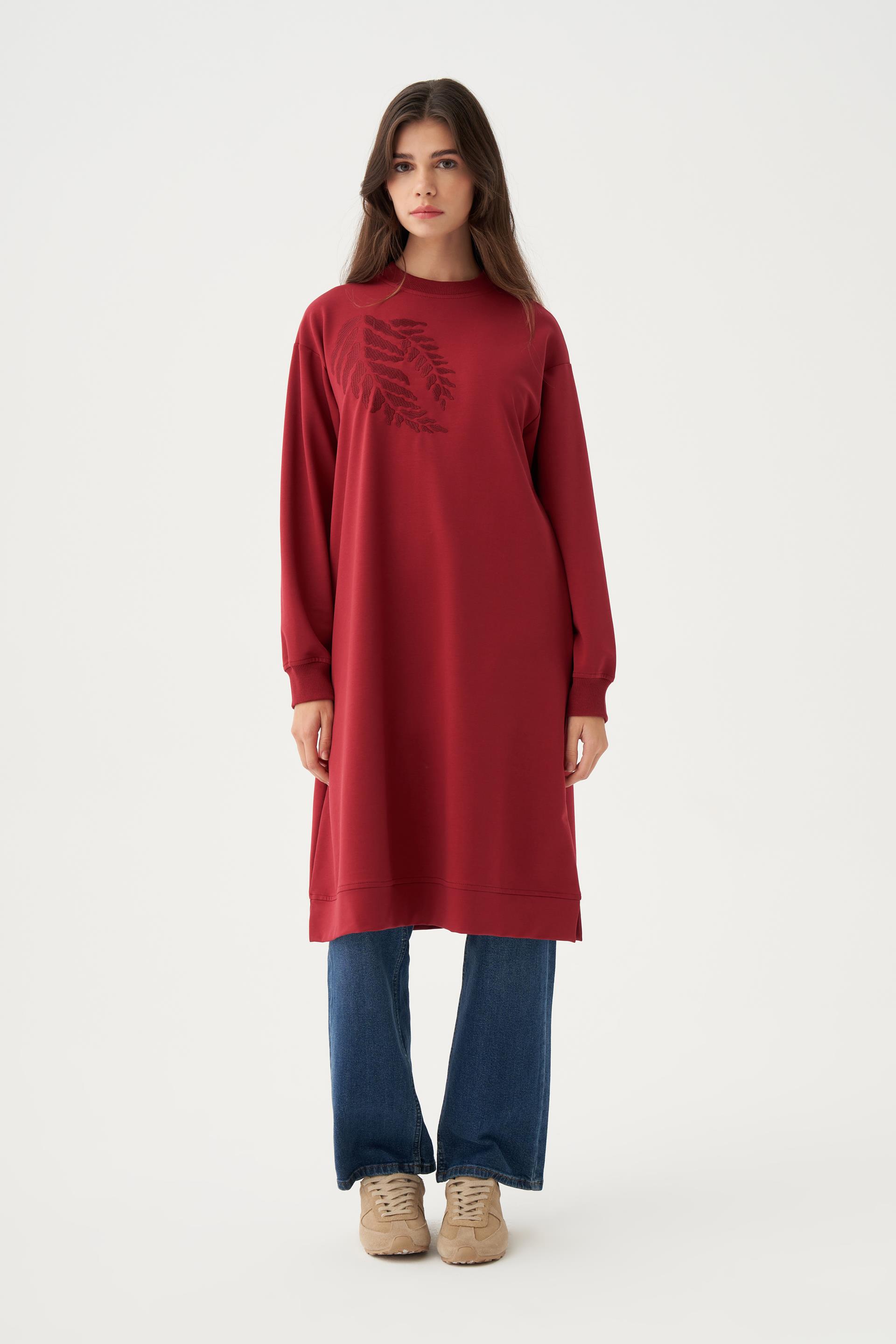 Bordo-Pamuklu Nakışlı Uzun Tunik