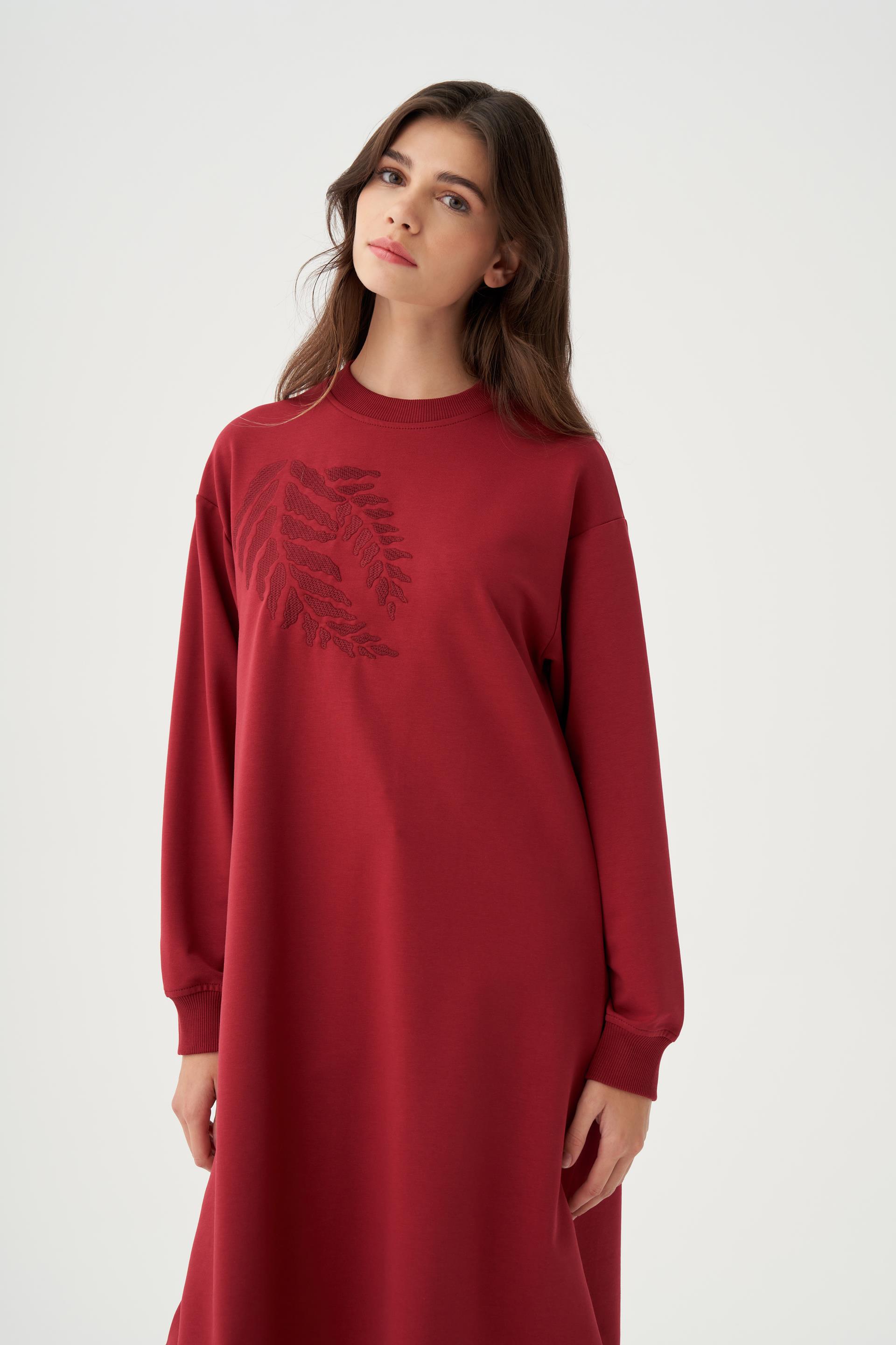 Bordo-Pamuklu Nakışlı Uzun Tunik