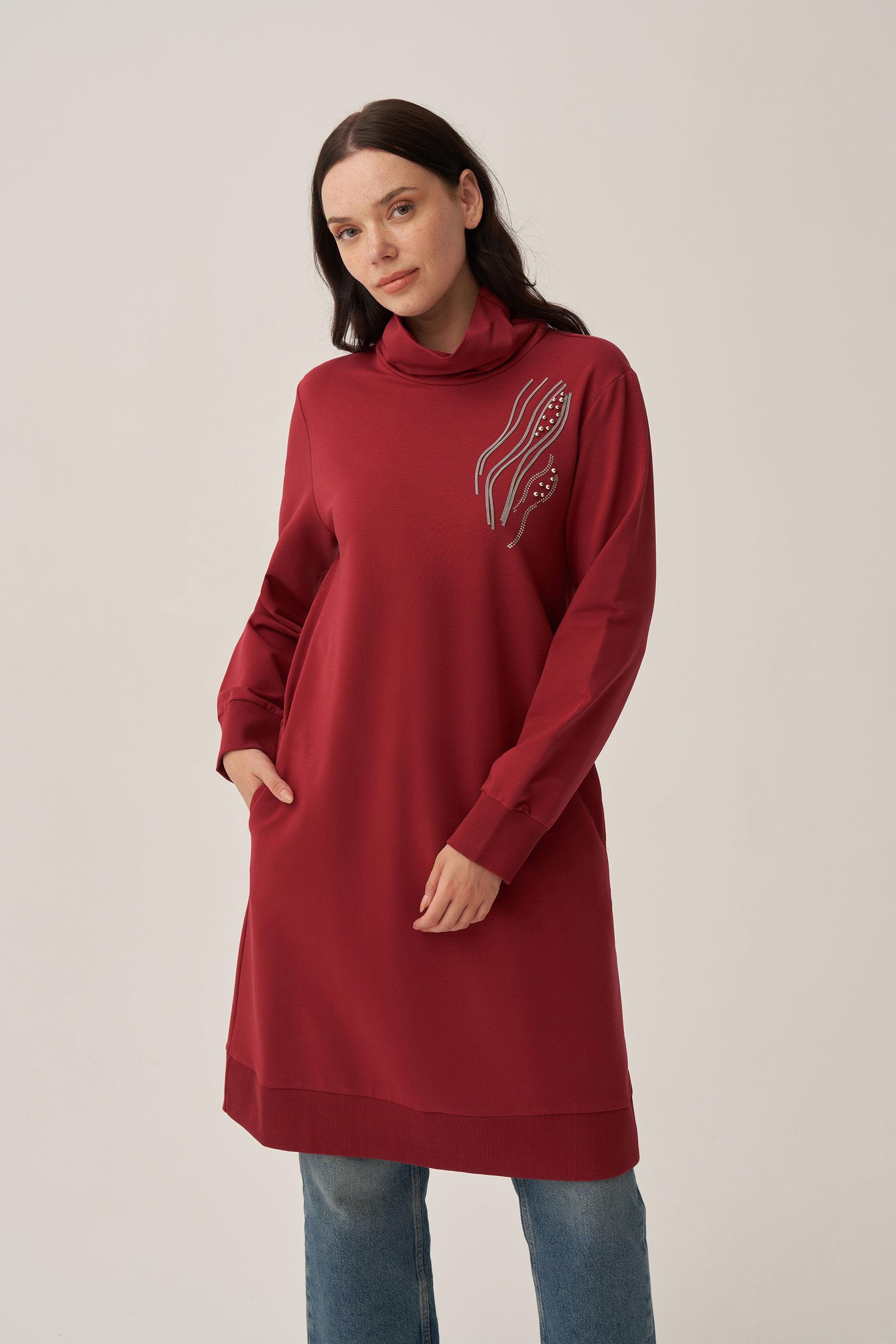 Bordo-Taş İşlemeli Pamuklu Tunik