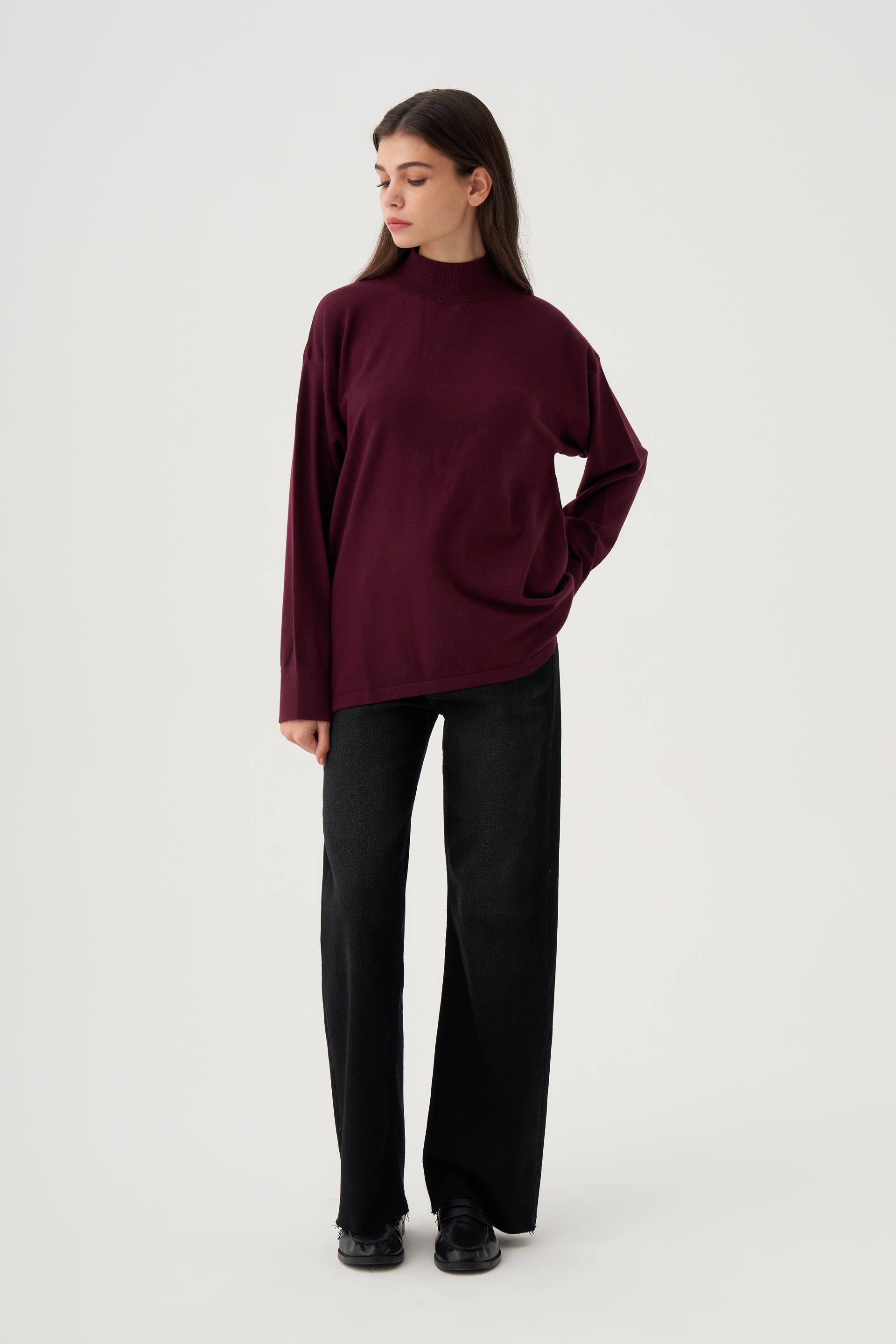 Bordo-Yarım Balıkçı Yaka Triko Kazak