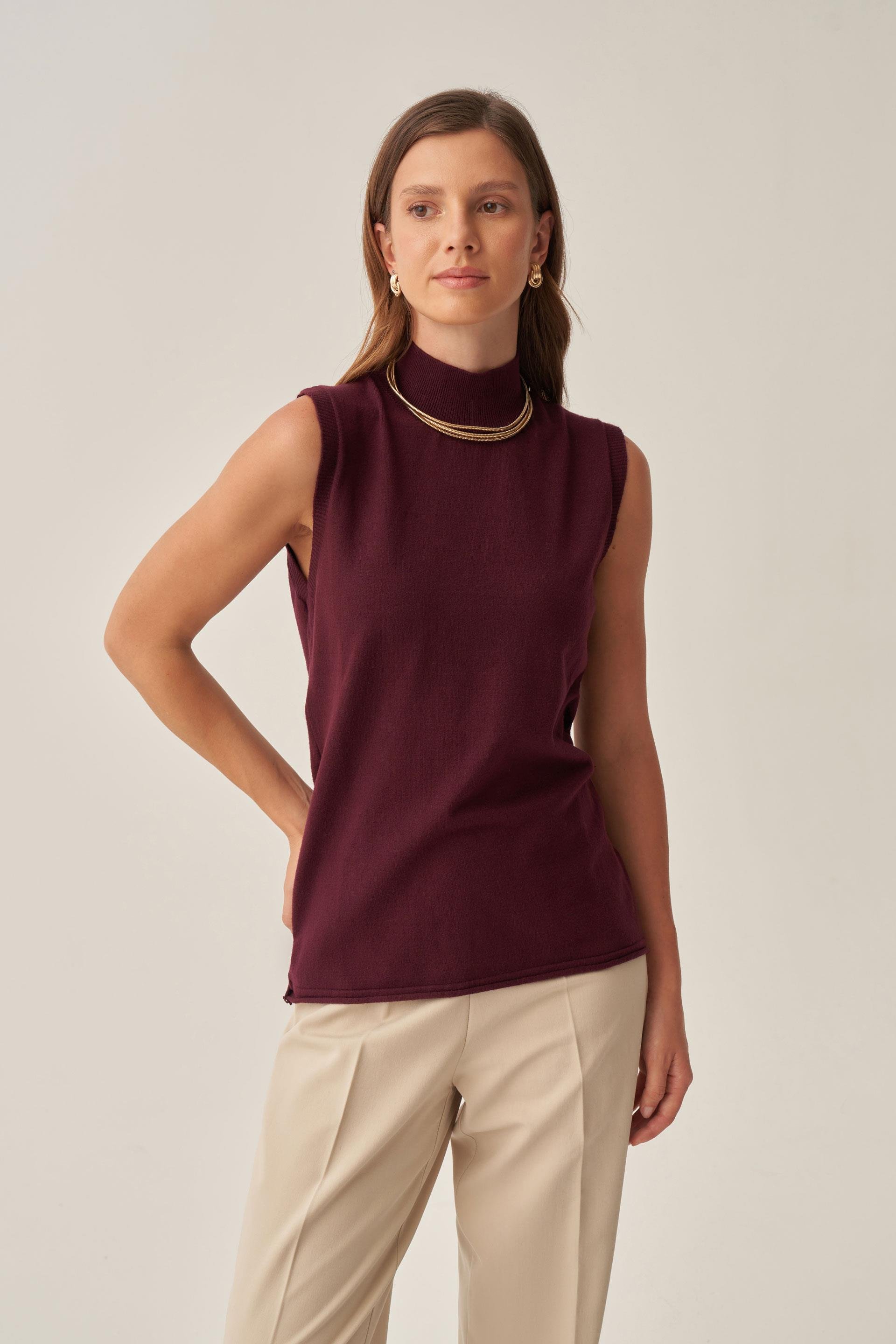 Bordo-Yarım Balıkçı Kolsuz Kazak