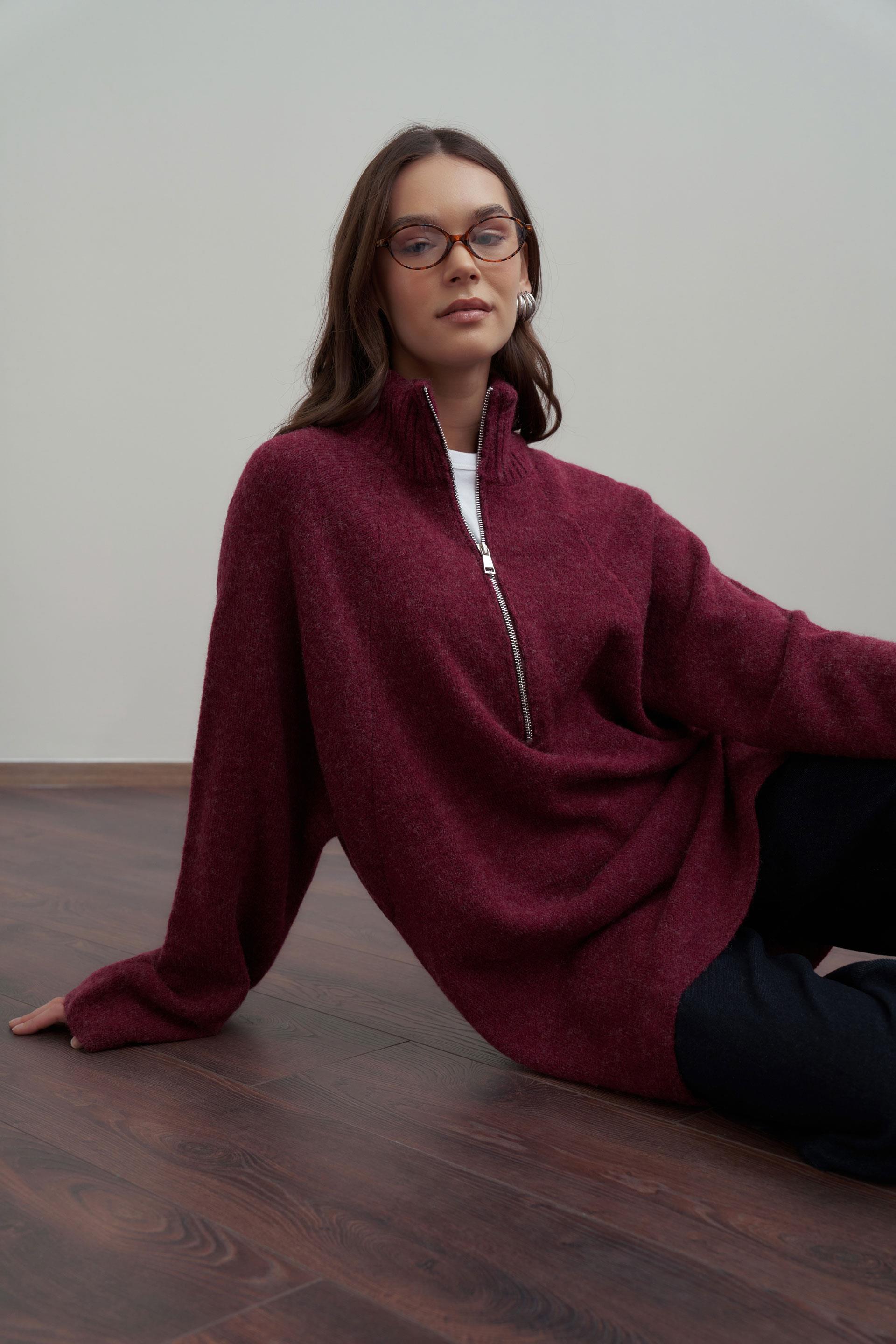 Bordo-Yarım Fermuarlı Kazak