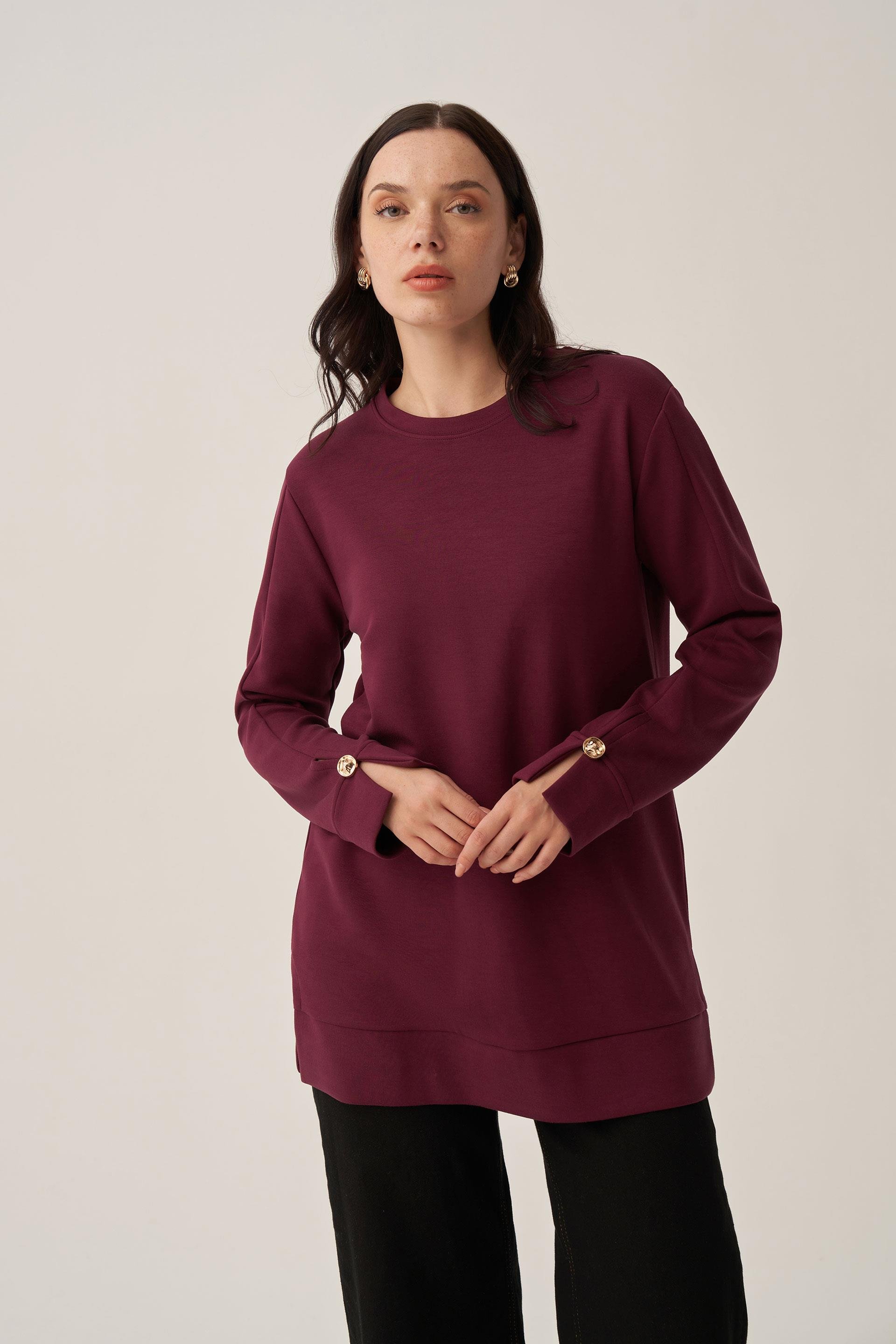 Bordo-Yumuşak Dokulu Gold Dügmeli Sweatshirt