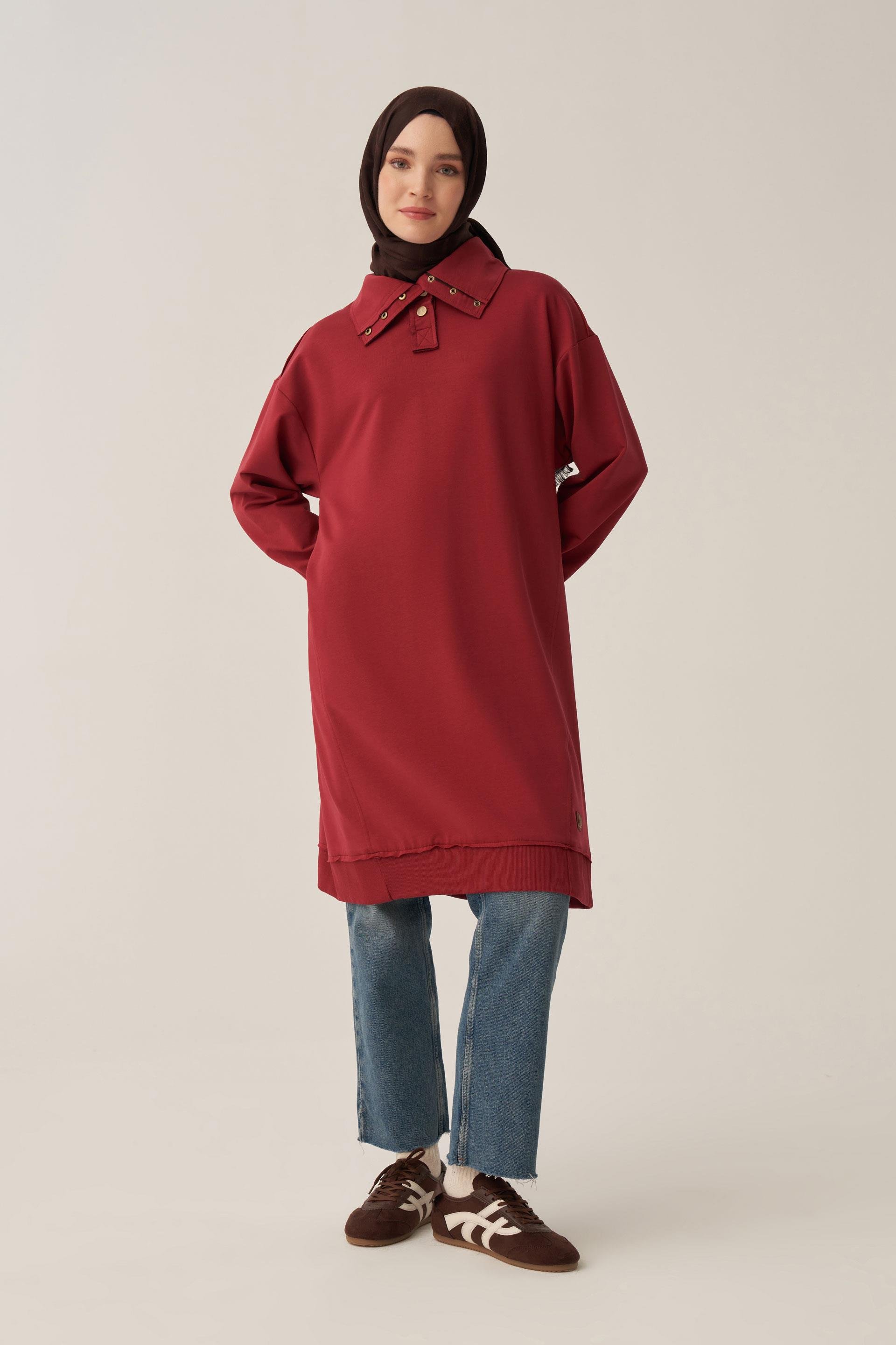 Bordo-Yarım Patlı Yırtmaçlı Keten Tunik