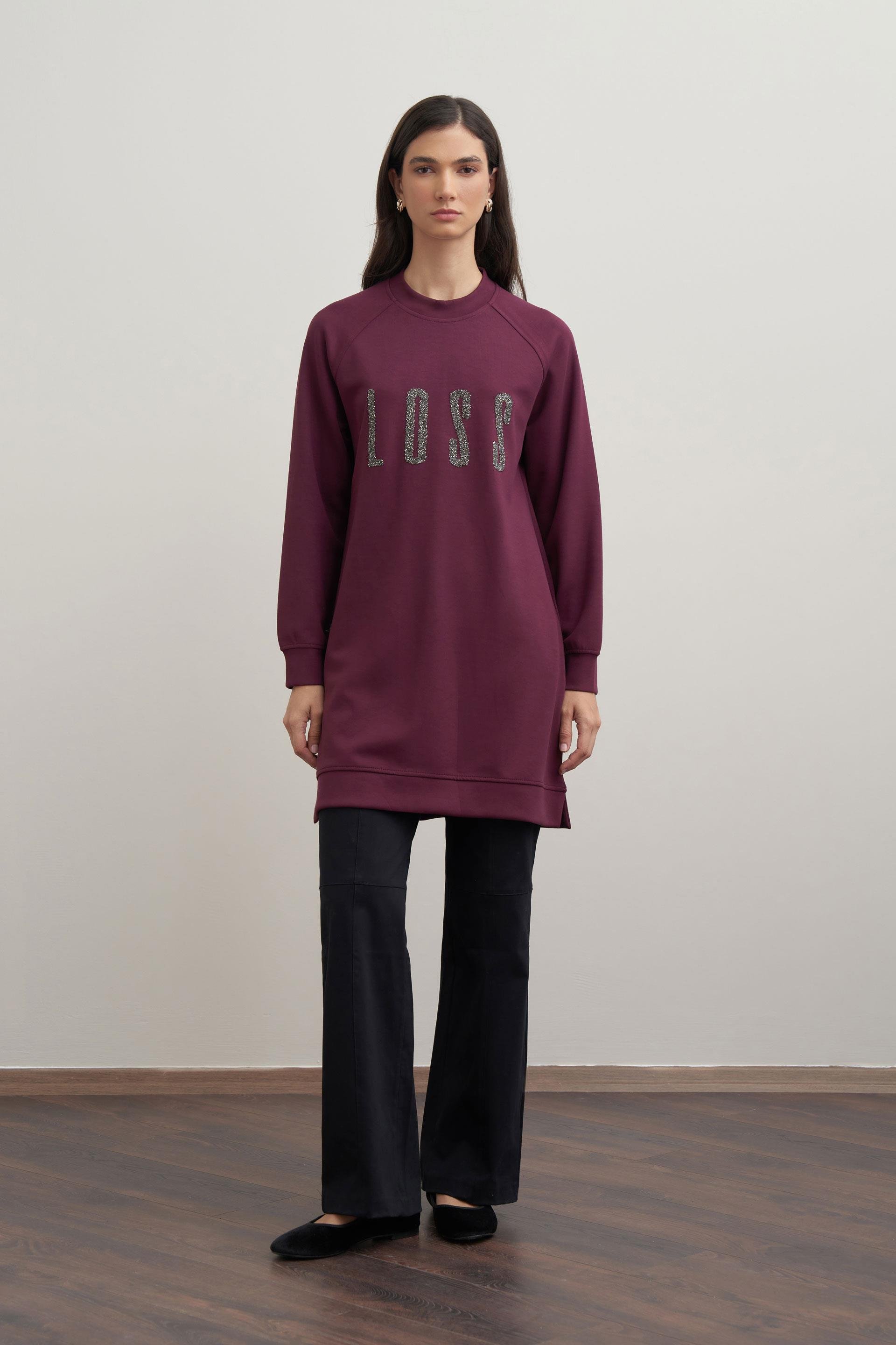 Bordo-Yumuşak Dokulu Baskılı Reglan Tunik