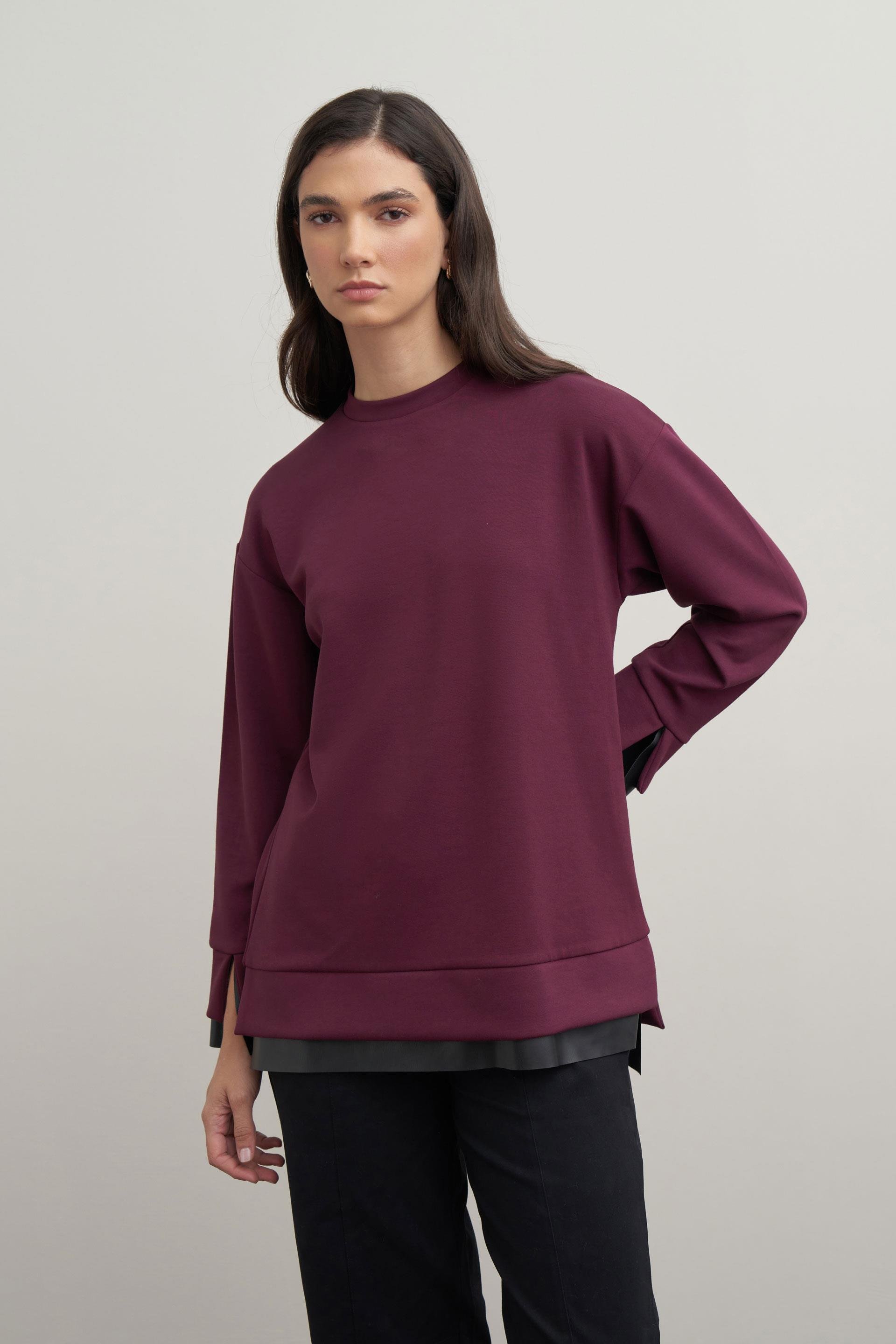 Bordo-Yumuşak Dokulu Deri Garnili Tunik