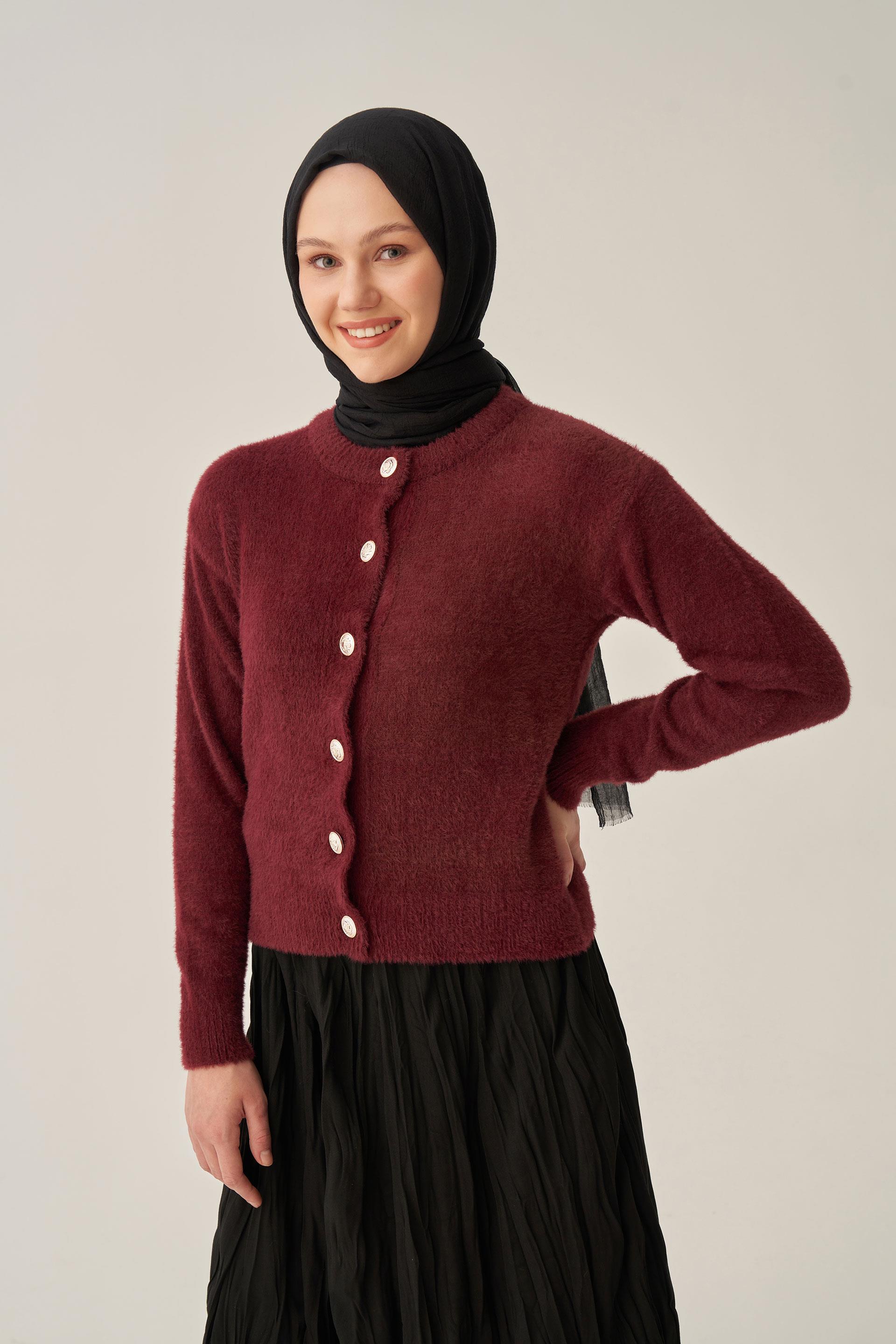 Bordo-Yumuşak Dokulu Dügmeli Hırka