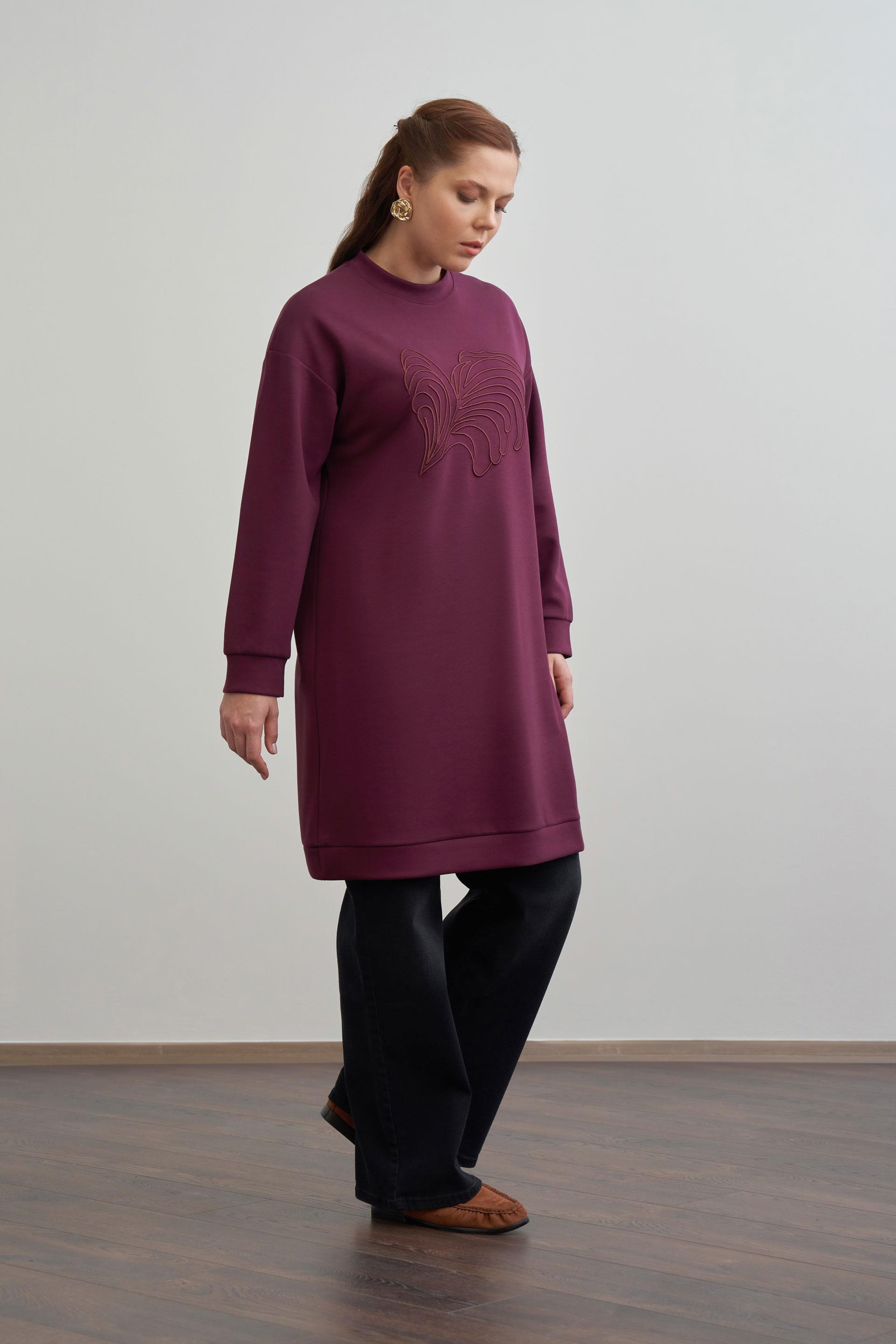 Bordo-Yumuşak Dokulu Nakışlı Sweatshirt