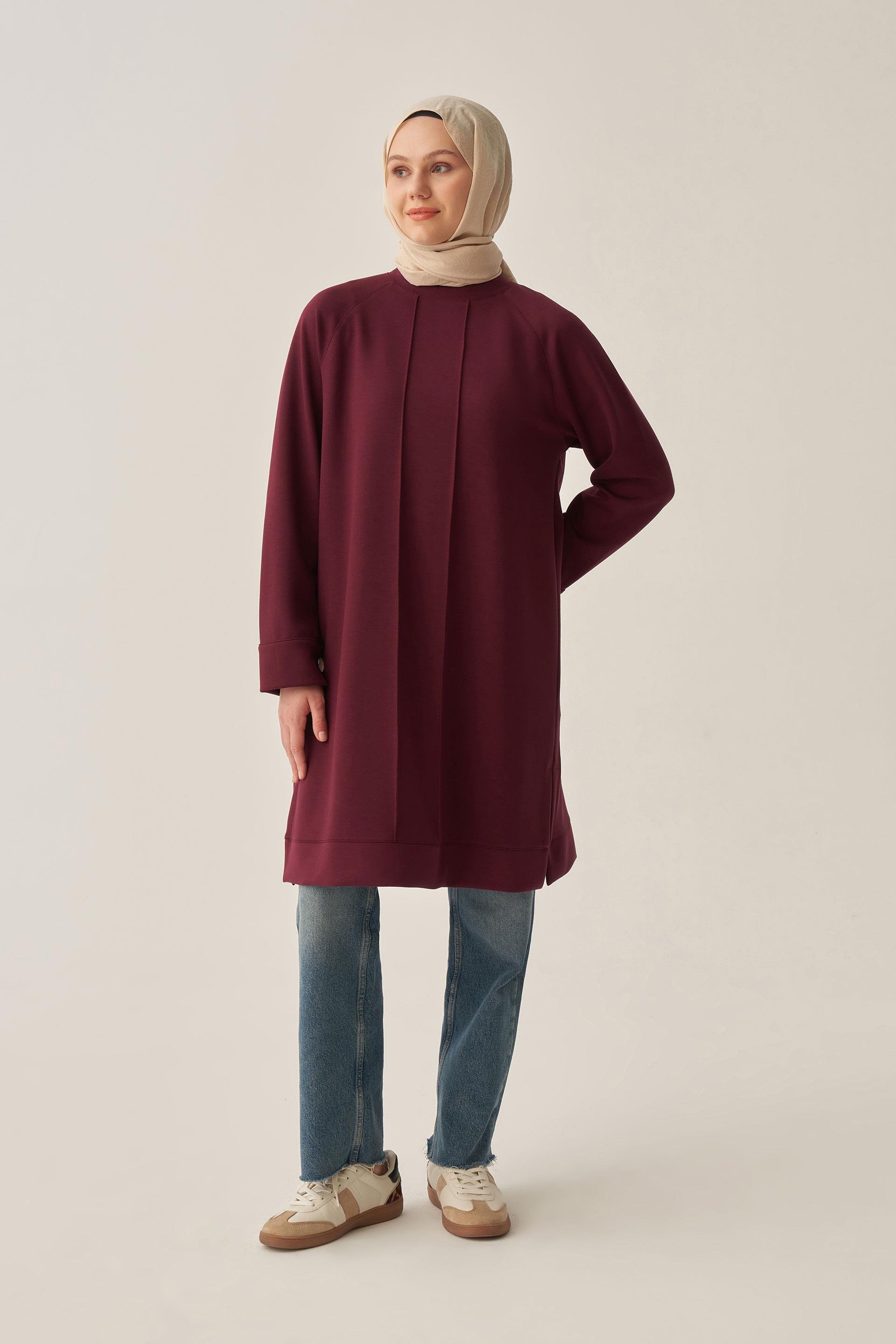 Bordo-Yumuşak Dokulu Nervürlü Tunik