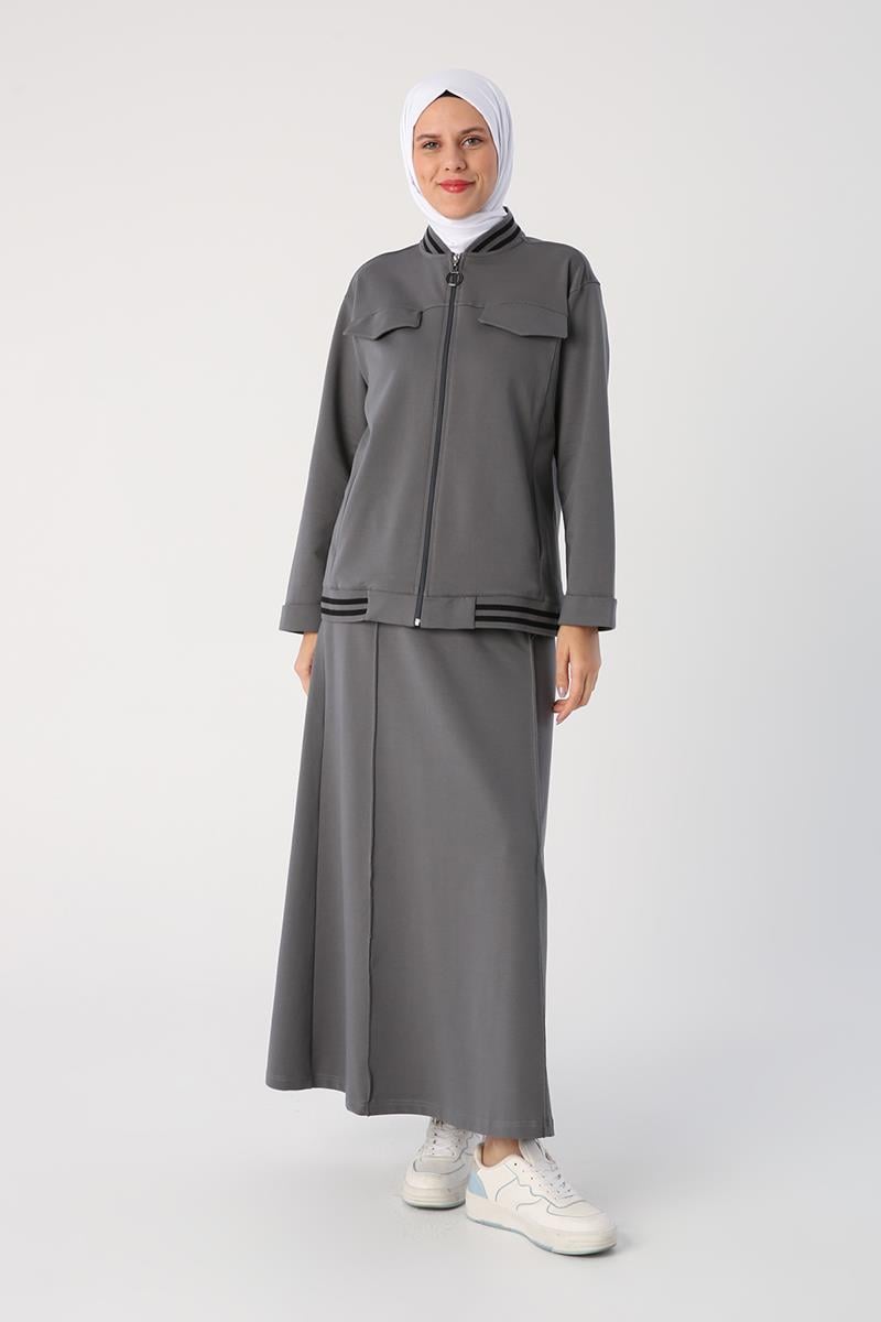 Duman-Çizgili Ribanaları Etekli Kısa Hırkalı Takım