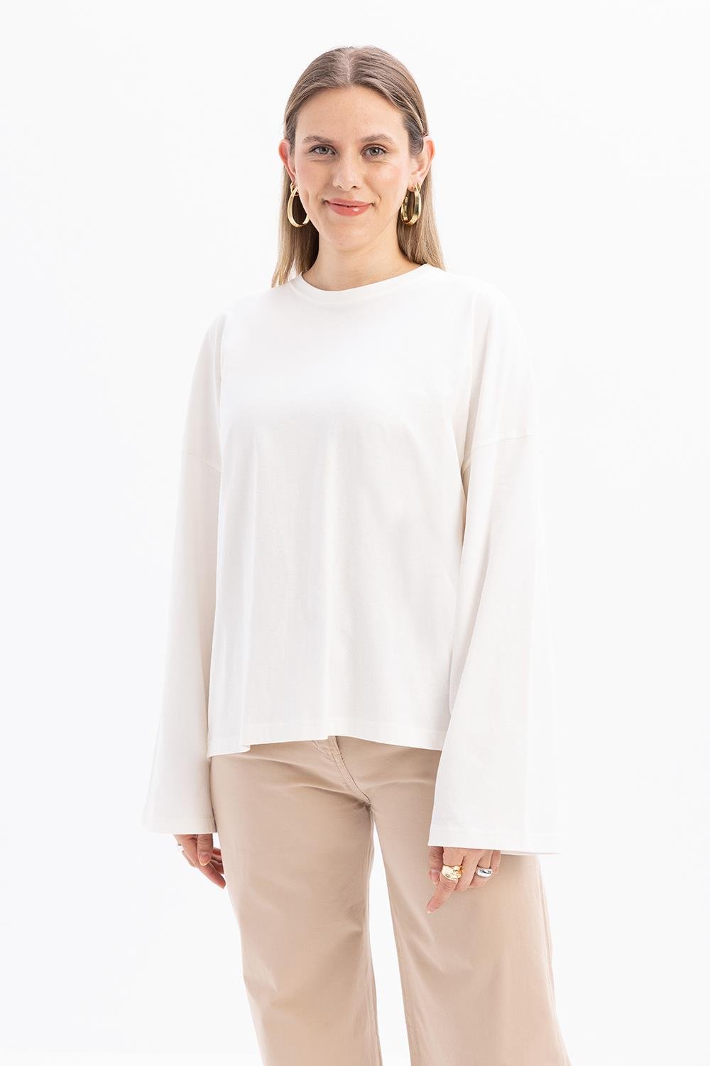 Ekru-Arkası Uzun Süprem T-shirt
