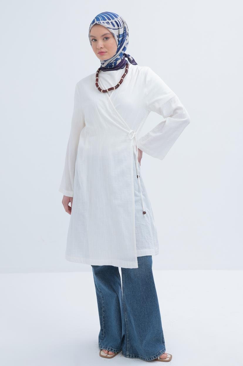 Ekru-Belden Bağlamalı Müslin Kap