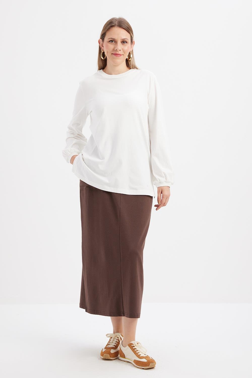Crew Neck Sleeve End Pleated Cotton Blouse