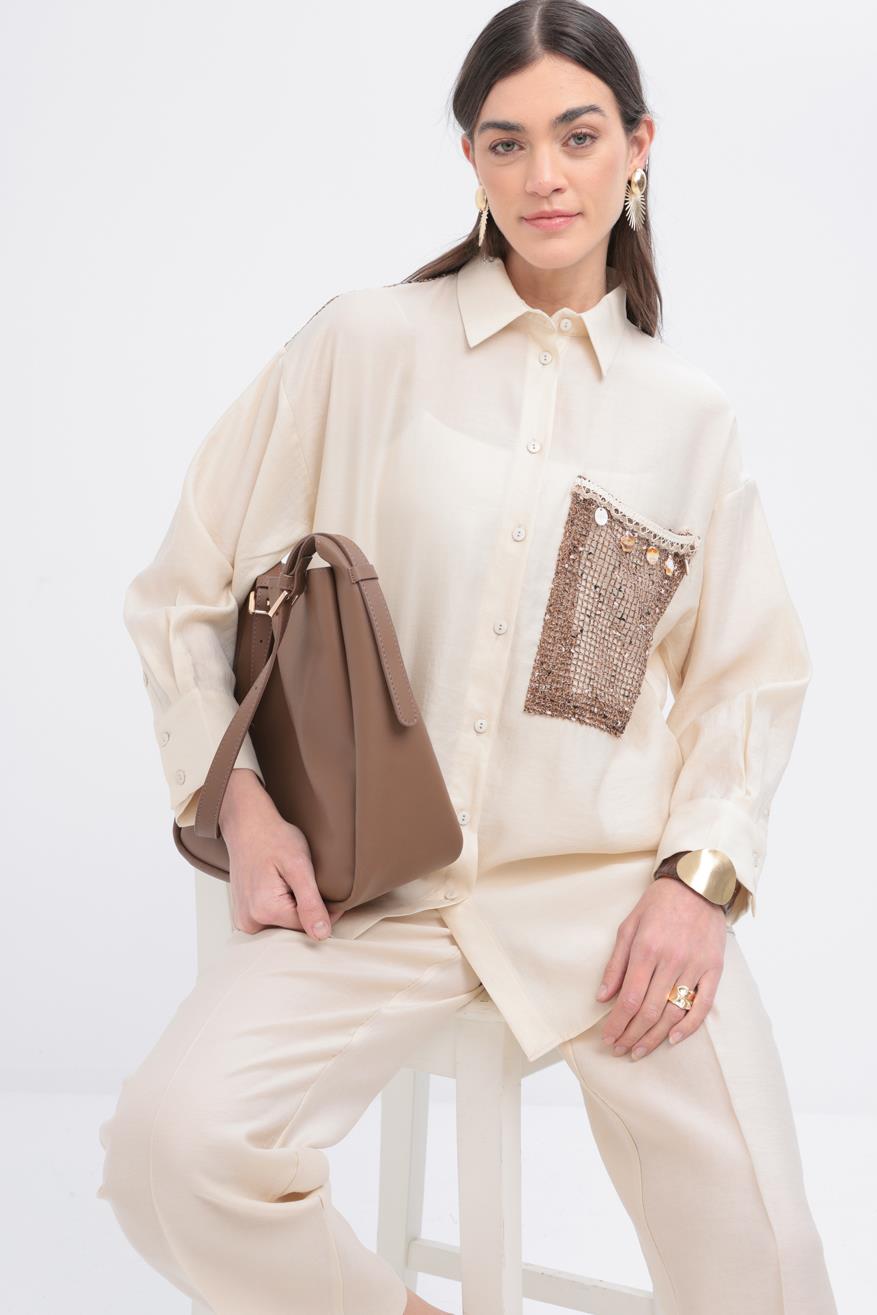 Ekru-File Garnili Gömlek