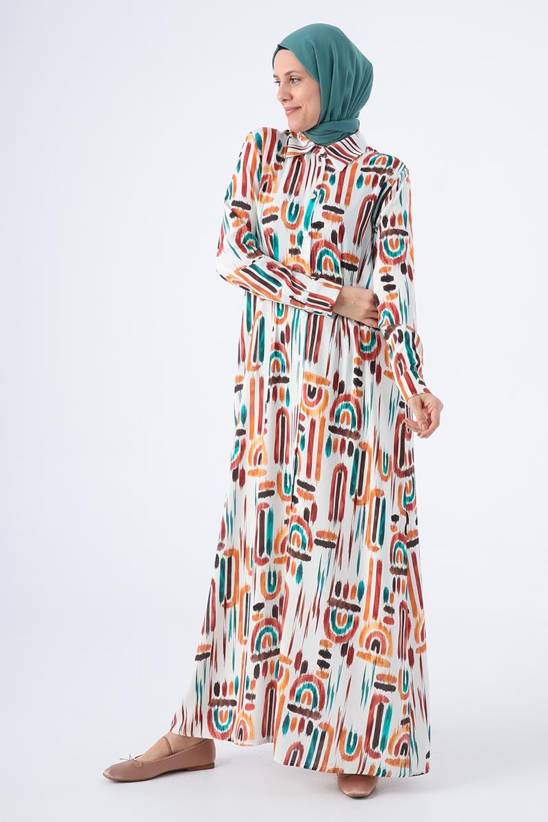 Viscose Shirt Dress with Cuffed Pattern