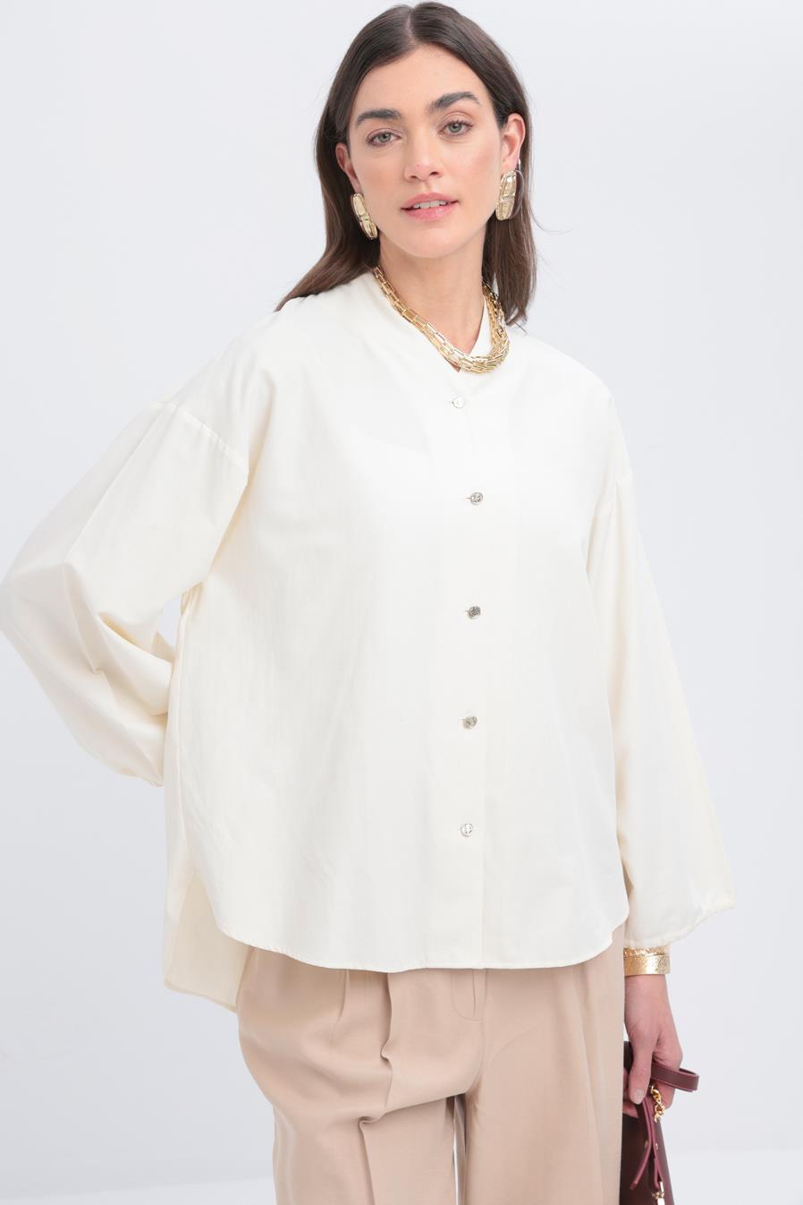 Ekru-Kolları Büzgülü Düğmeli Gömlek