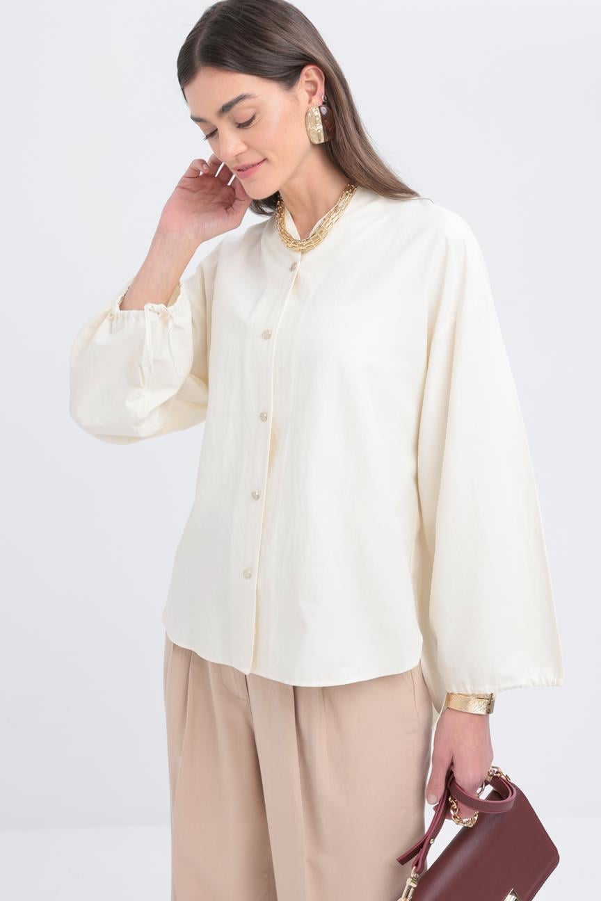 Ekru-Kolları Büzgülü Düğmeli Gömlek