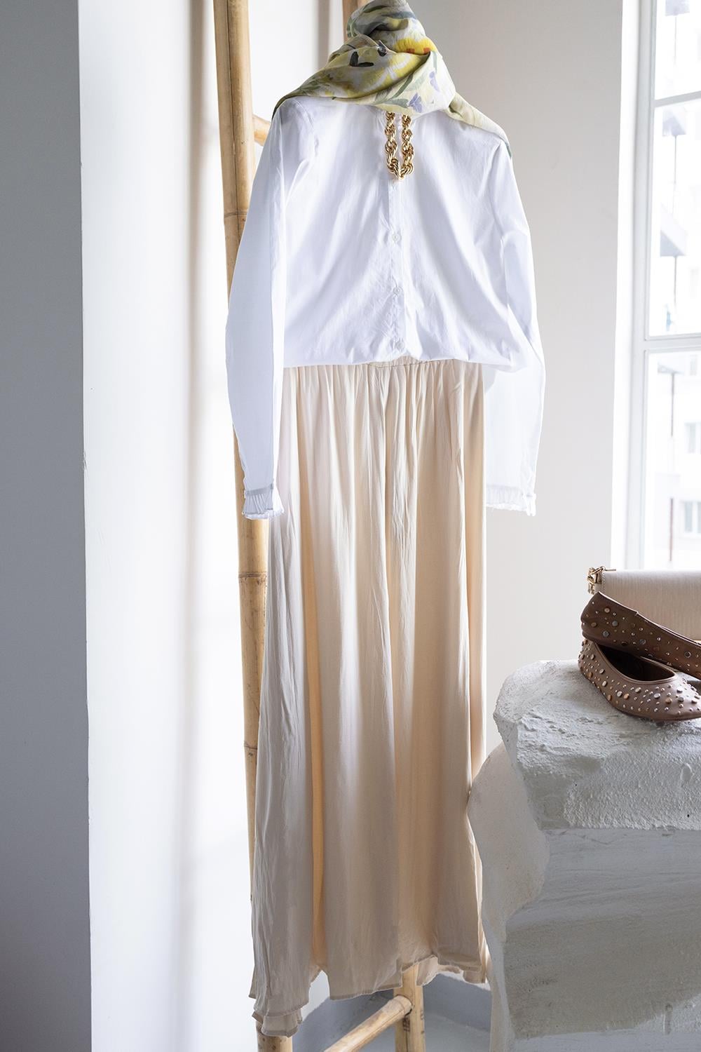 Ekru-Kraşlı Lastikli Basic Etek