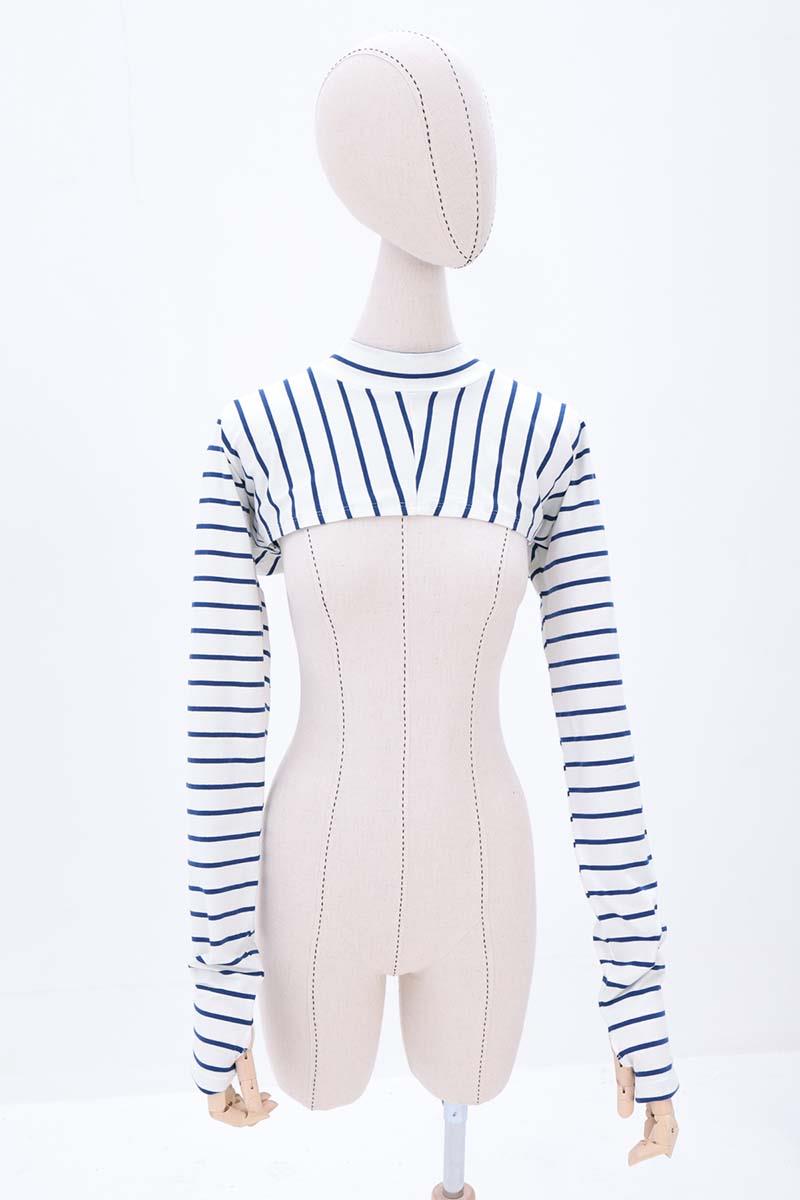 Ekru-Lacivert-Pamuklu Parmak Detaylı Çizgili Uzun Kollu Crop İçlik