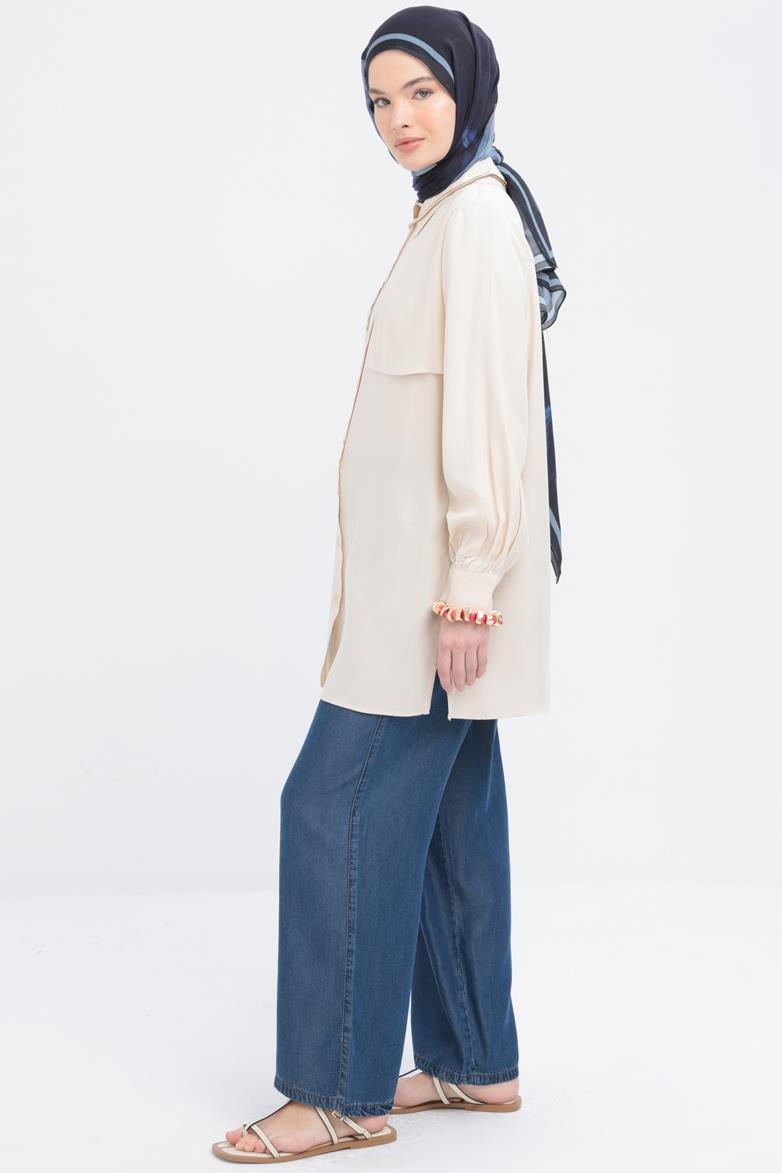 Ekru-Önü Rüzgarlıklı Gömlek Tunik