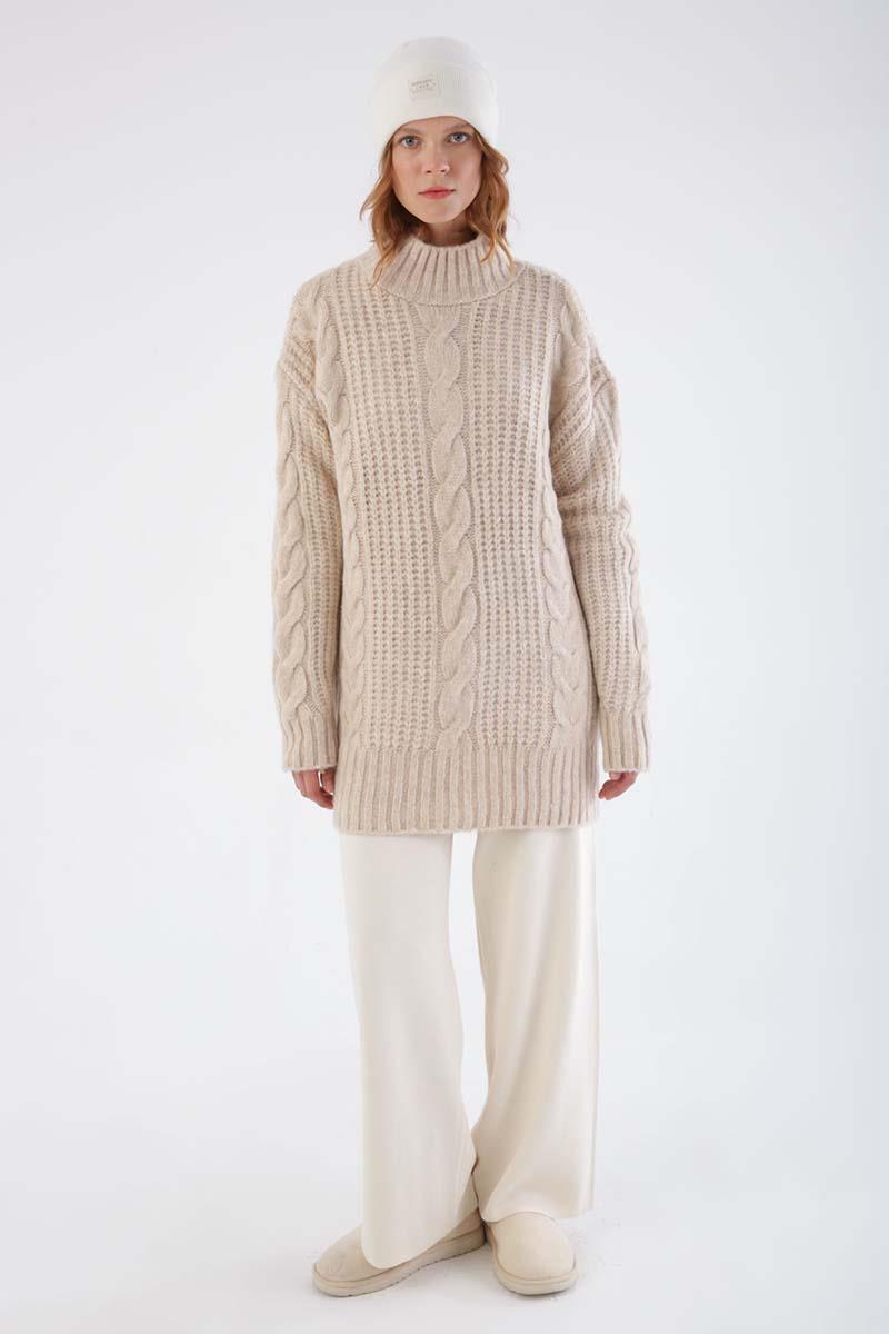 Ekru-Saç Örgülü Triko Kazak