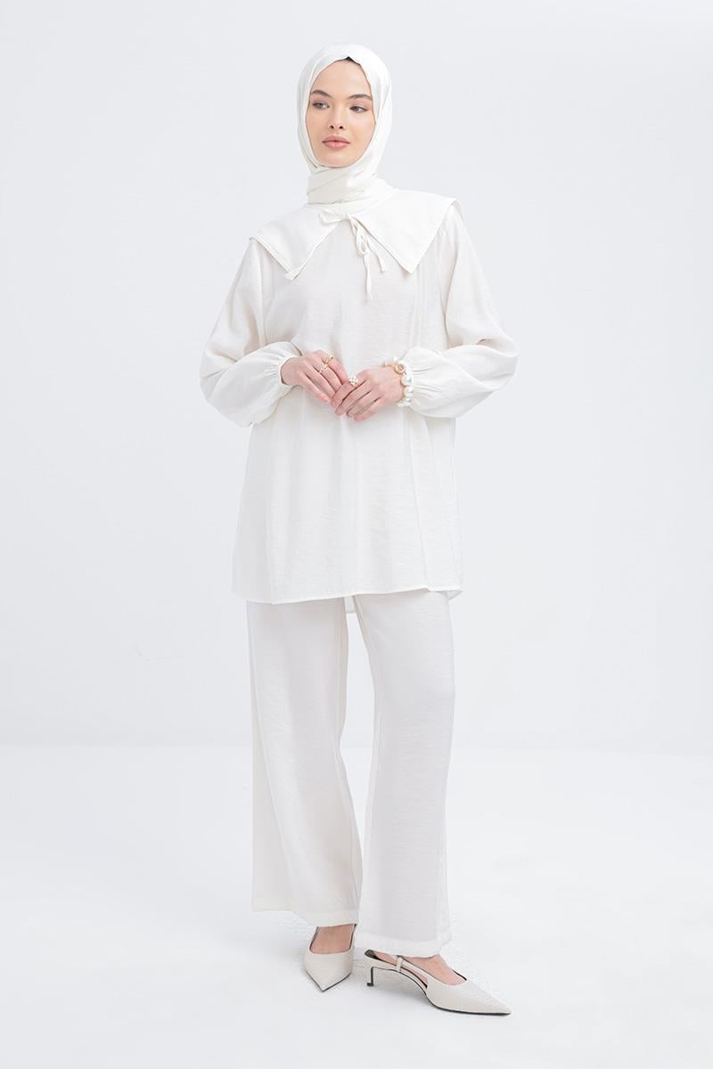 Ekru-Seyyar Yakalı Kolu Lastikli Modal Tunik