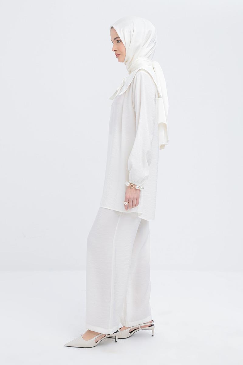 Ekru-Seyyar Yakalı Kolu Lastikli Modal Tunik