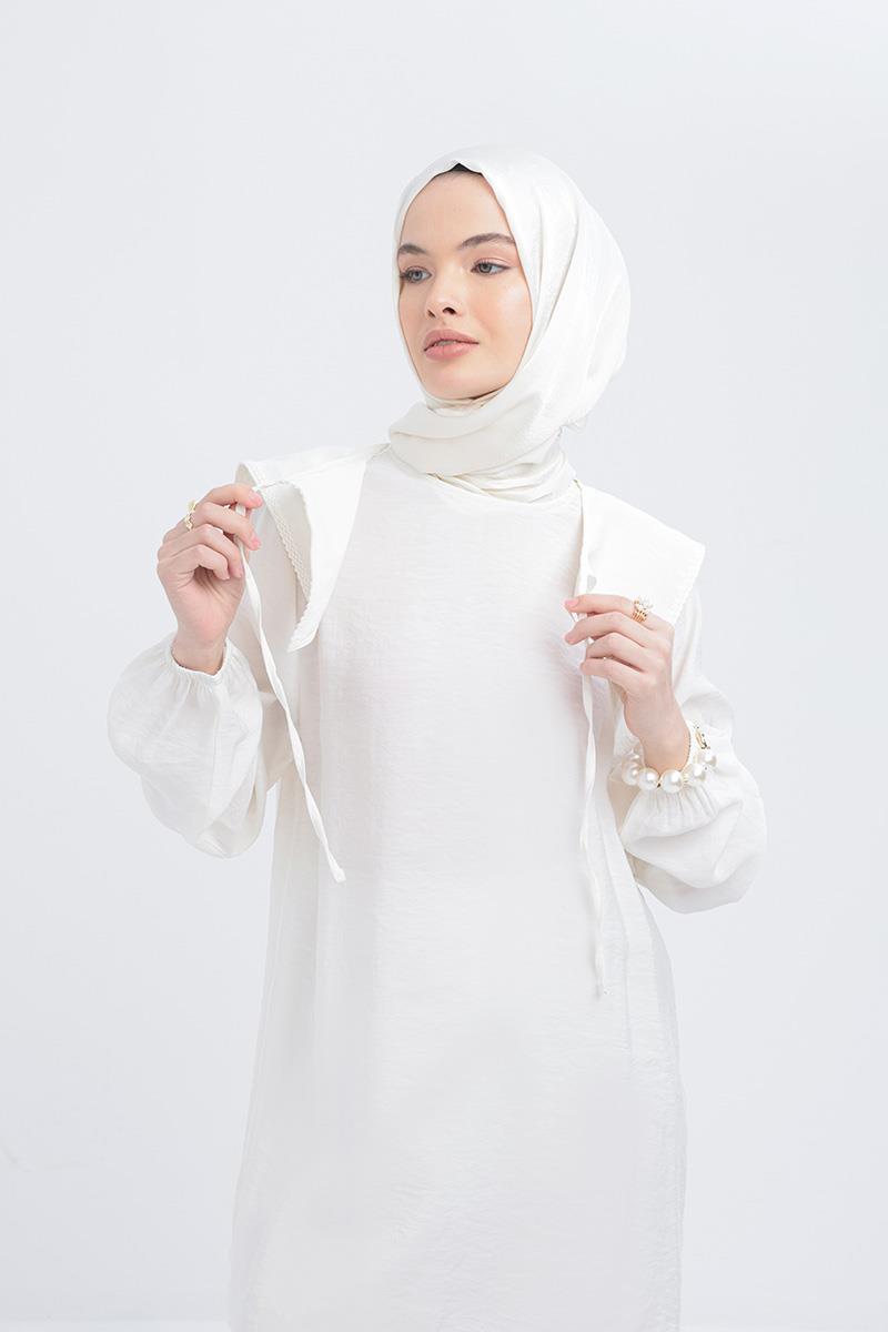 Ekru-Seyyar Yakalı Kolu Lastikli Modal Tunik