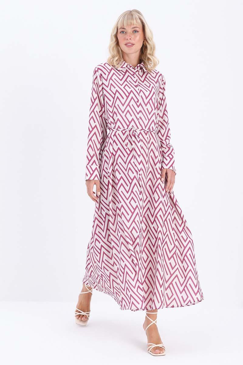 Desenli Rüzgarlıklı Kemerli Elbise