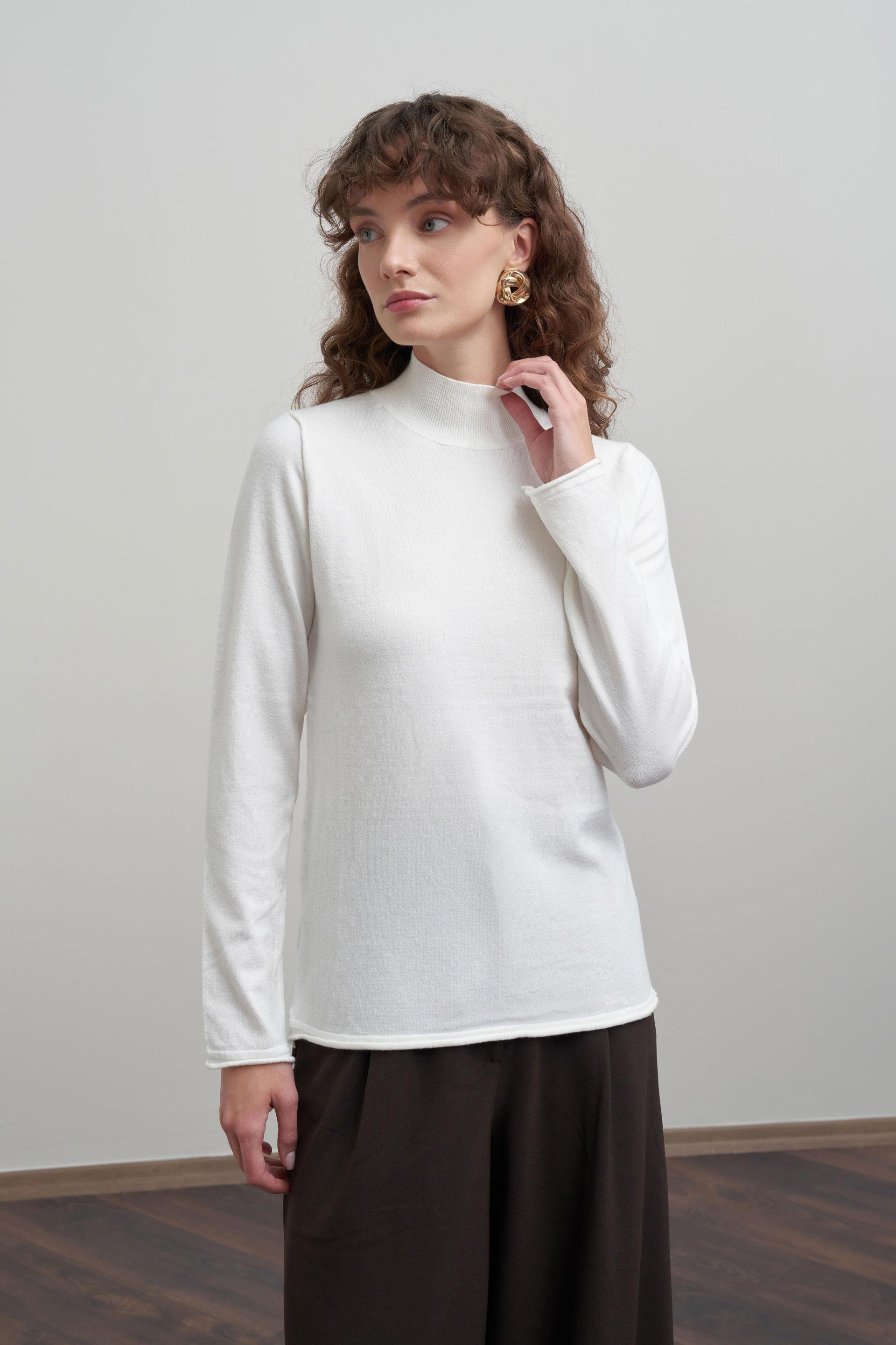 Ekru-Yarım Balıkçı Uzun Kol Kazak