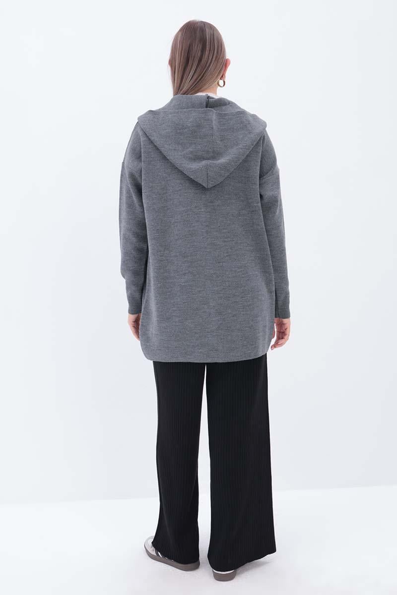 Fermuarlı Kapüşonlu Triko Hırka