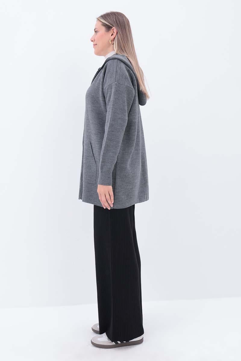 Fermuarlı Kapüşonlu Triko Hırka